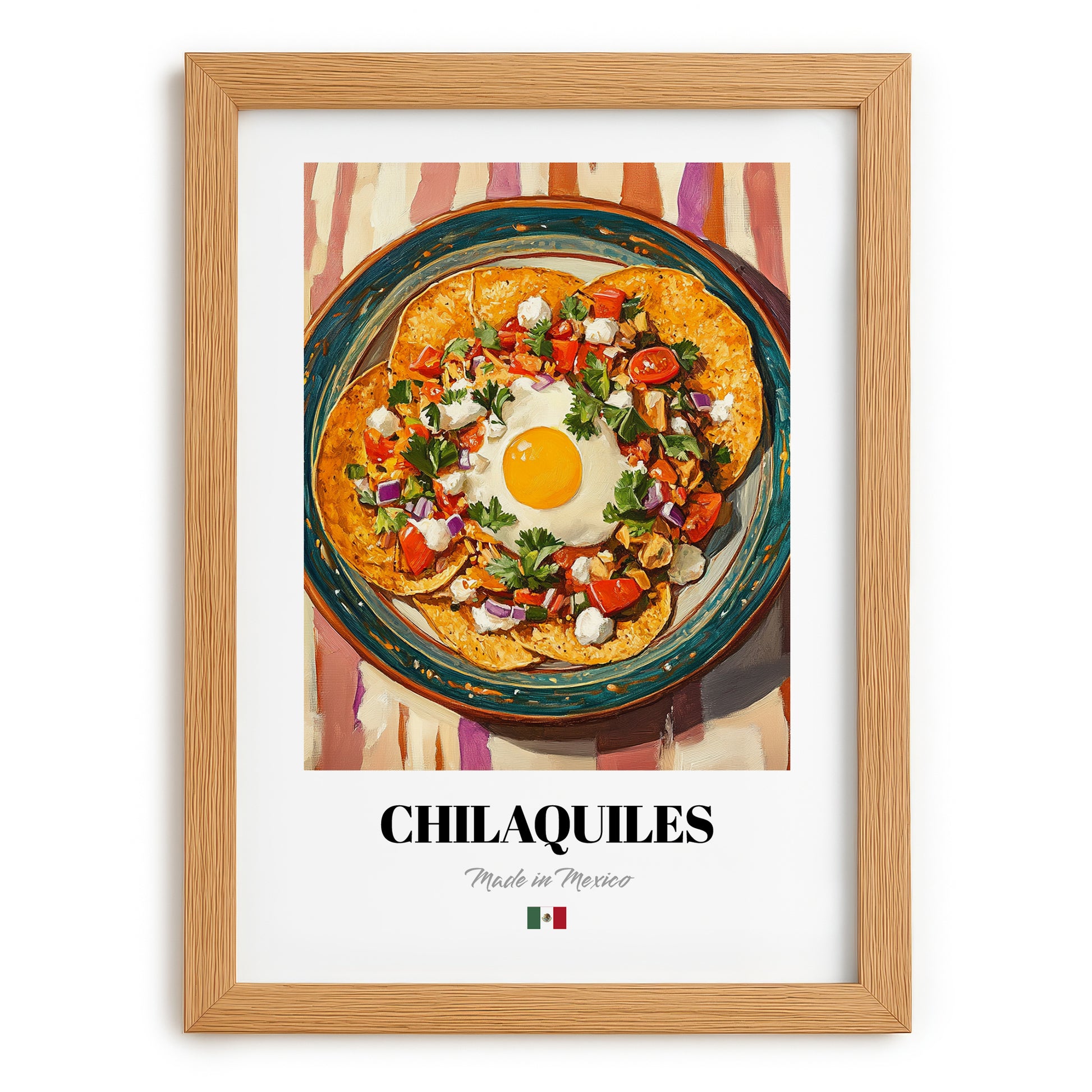 Chilaquiles – on Striped Tablecloth, Mexican Food Painting, set in oak frame