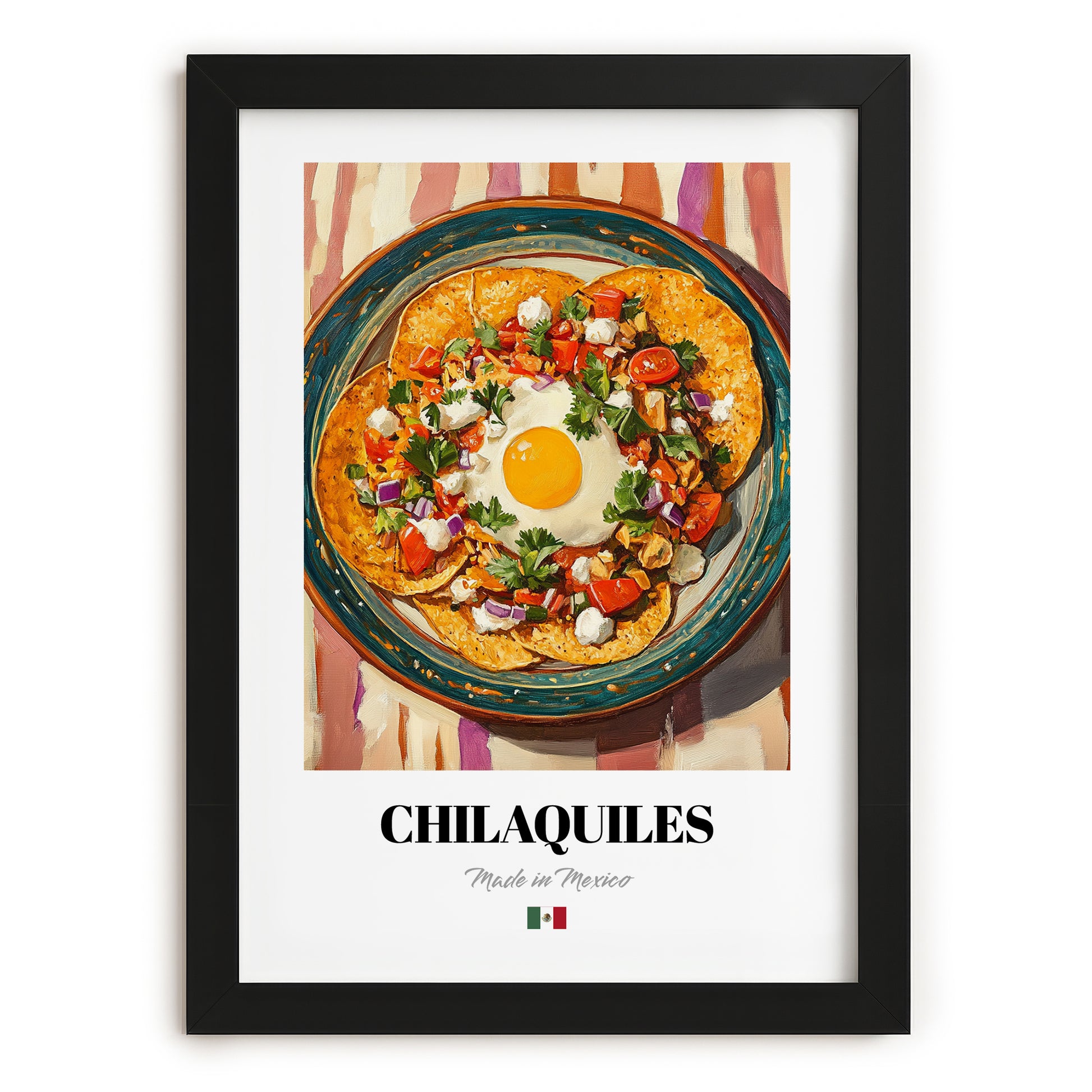 Chilaquiles – on Striped Tablecloth, Mexican Food Painting, in sleek black frame