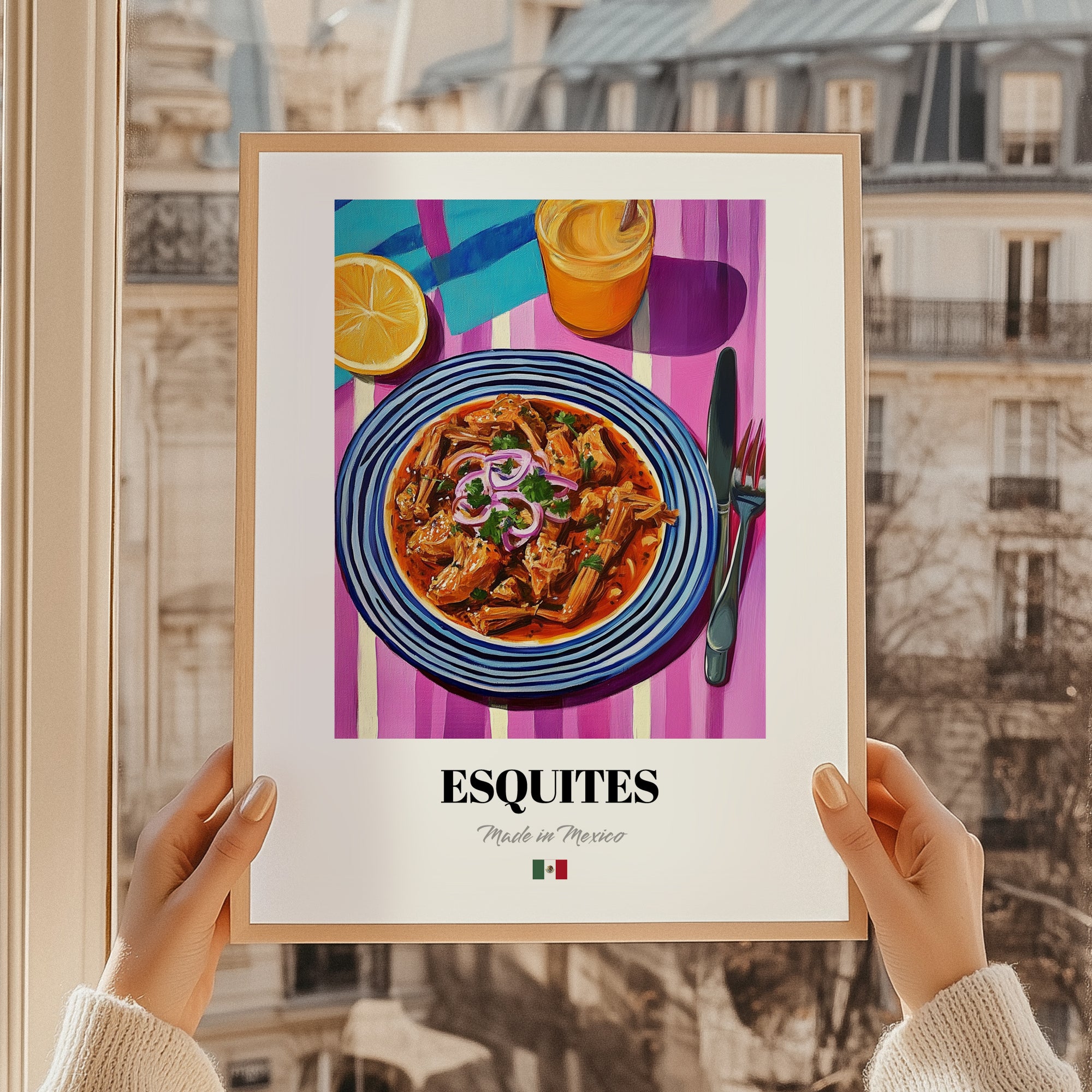 Esquites – Colorful Oil Painting, Mexican Food Wall Art, styled in a charming Paris street view
