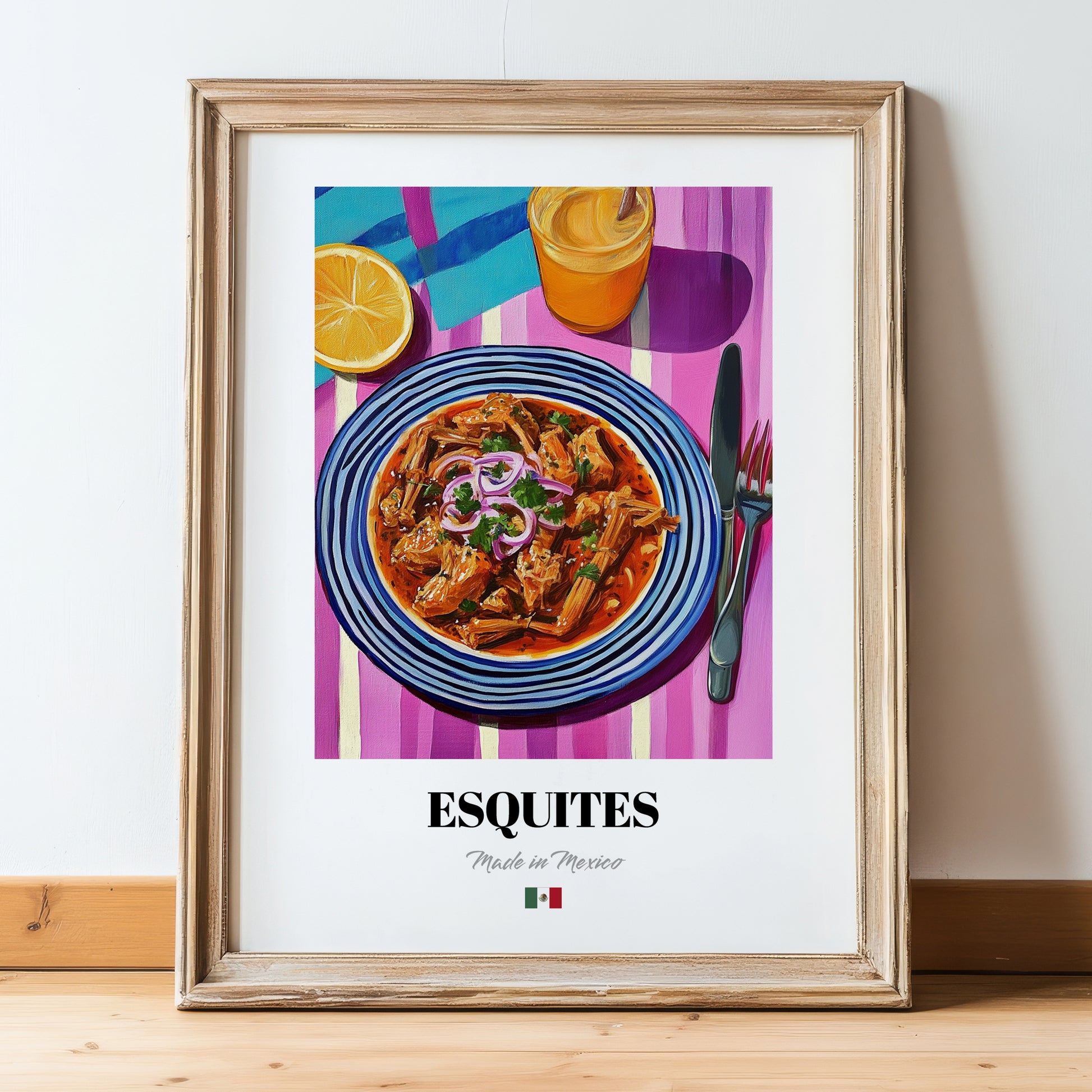Esquites – Colorful Oil Painting, Mexican Food Wall Art, in wooden frame leaning on the floor