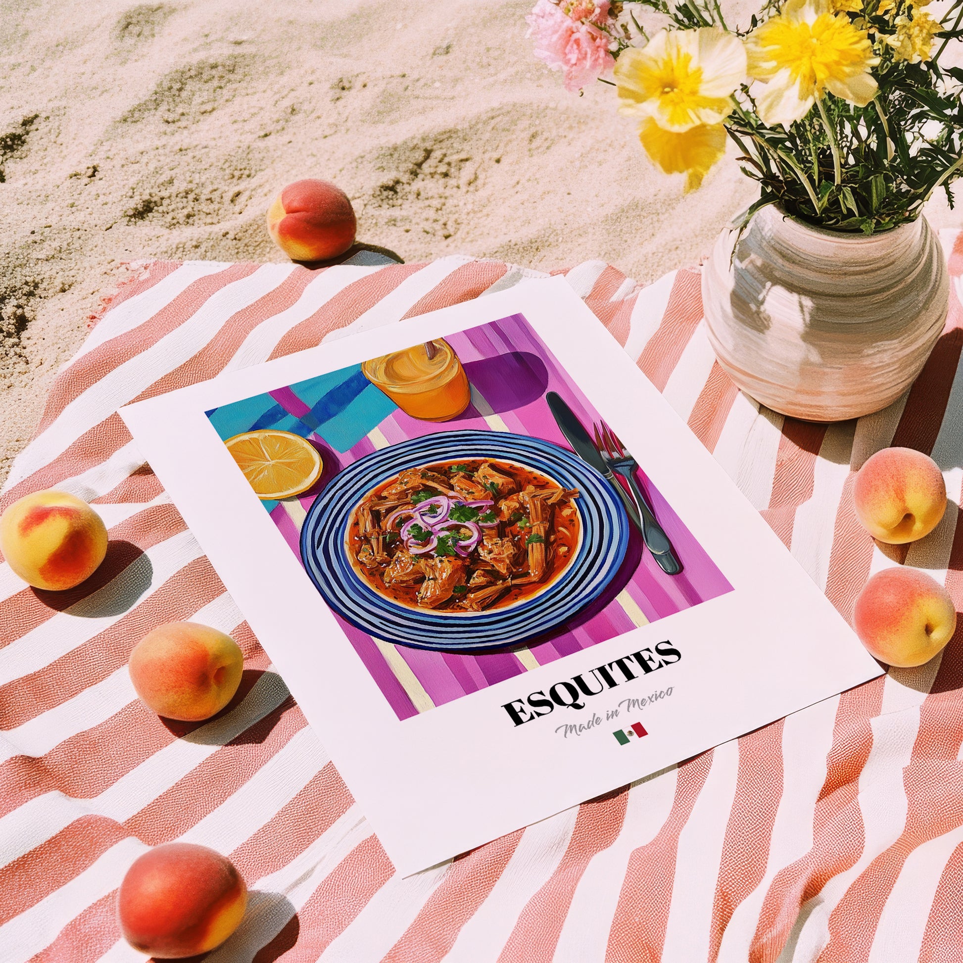 Esquites – Colorful Oil Painting, Mexican Food Wall Art, unframed on coastal sand