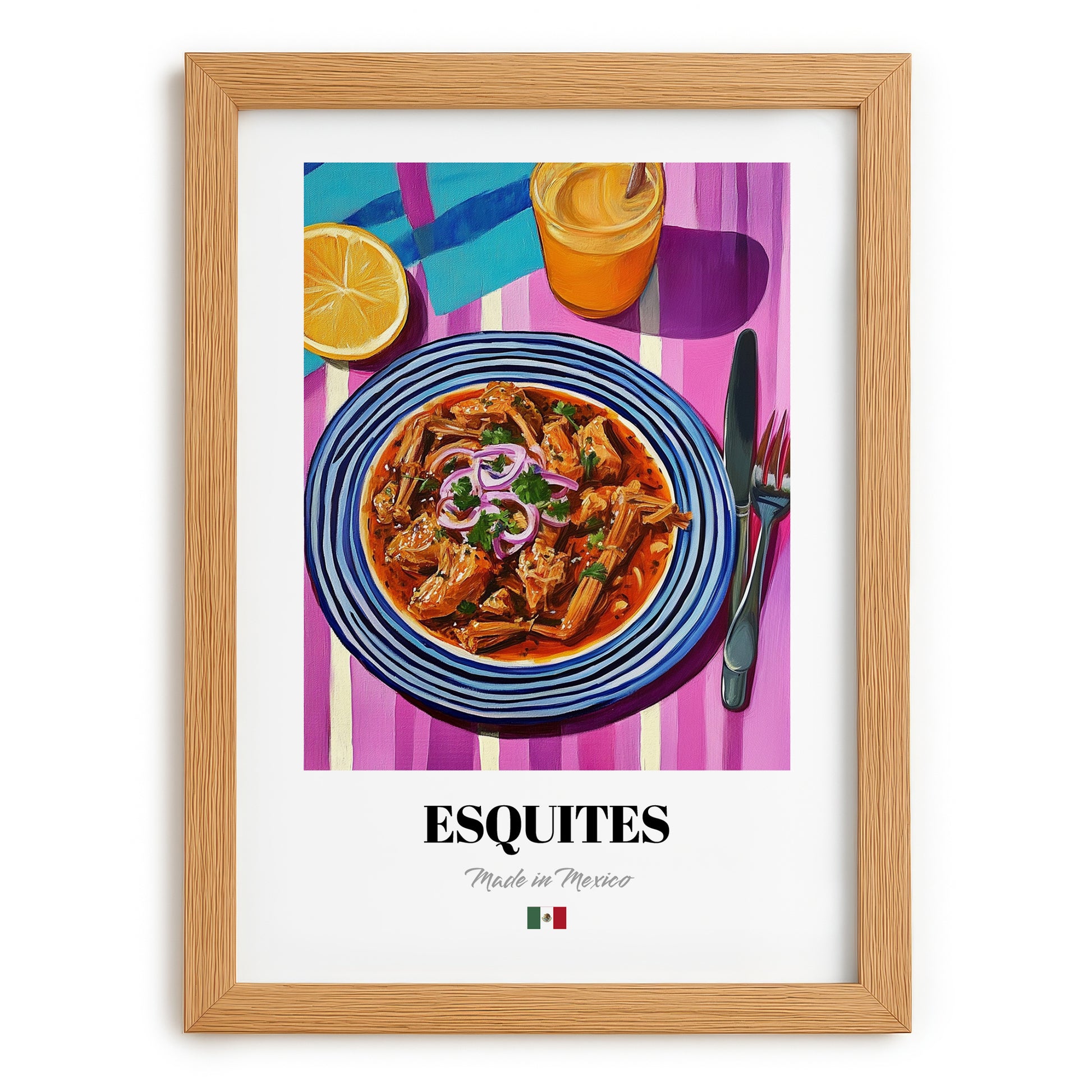 Esquites – Colorful Oil Painting, Mexican Food Wall Art, set in oak frame