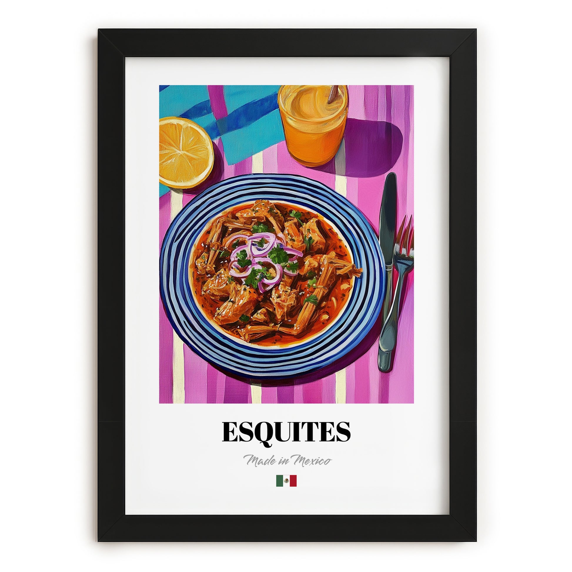 Esquites – Colorful Oil Painting, Mexican Food Wall Art, in sleek black frame