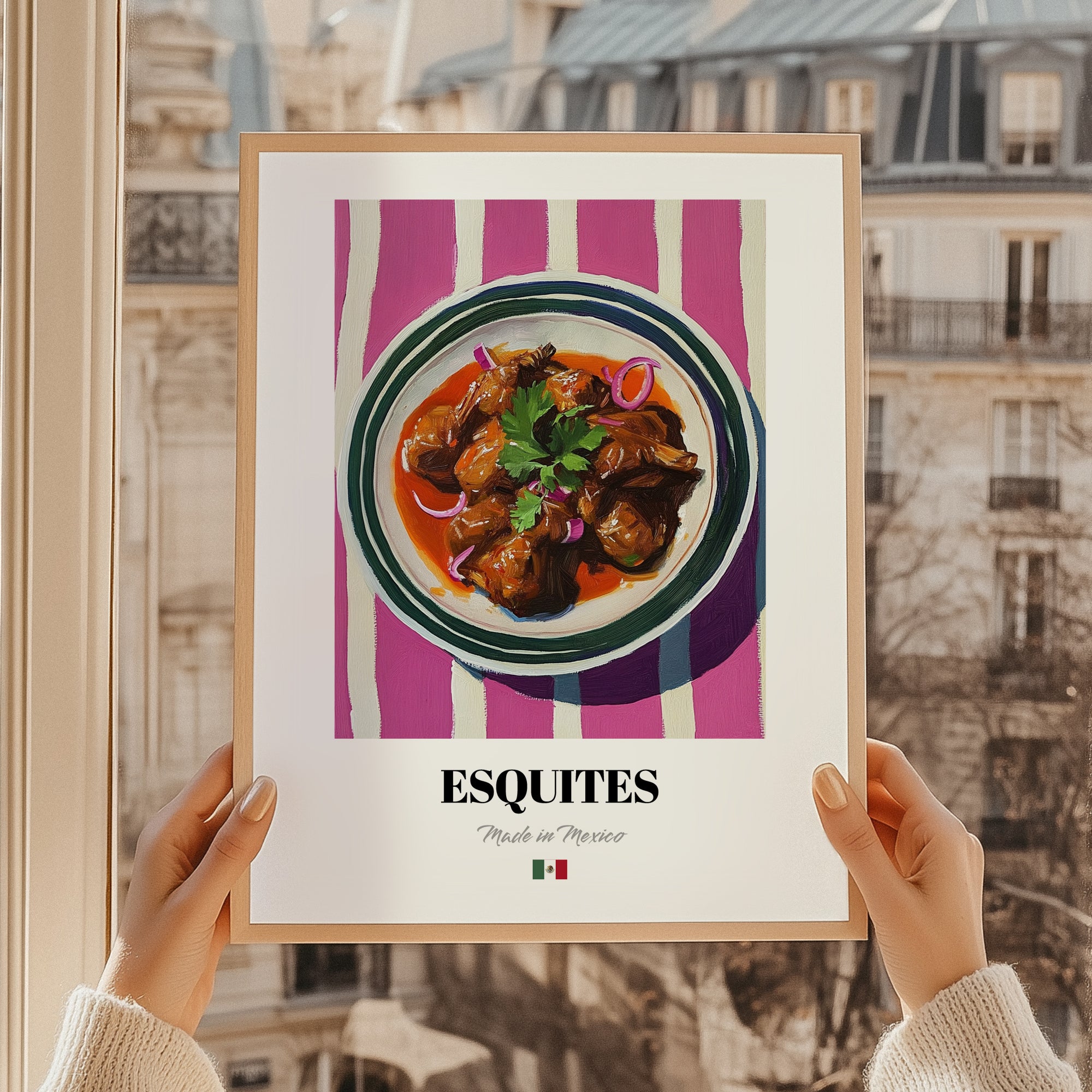 Esquites – on Striped Tablecloth, Mexican Food Print, styled in a charming Paris street view