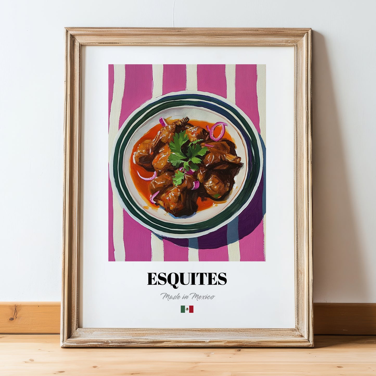 Esquites – on Striped Tablecloth, Mexican Food Print, in wooden frame leaning on the floor