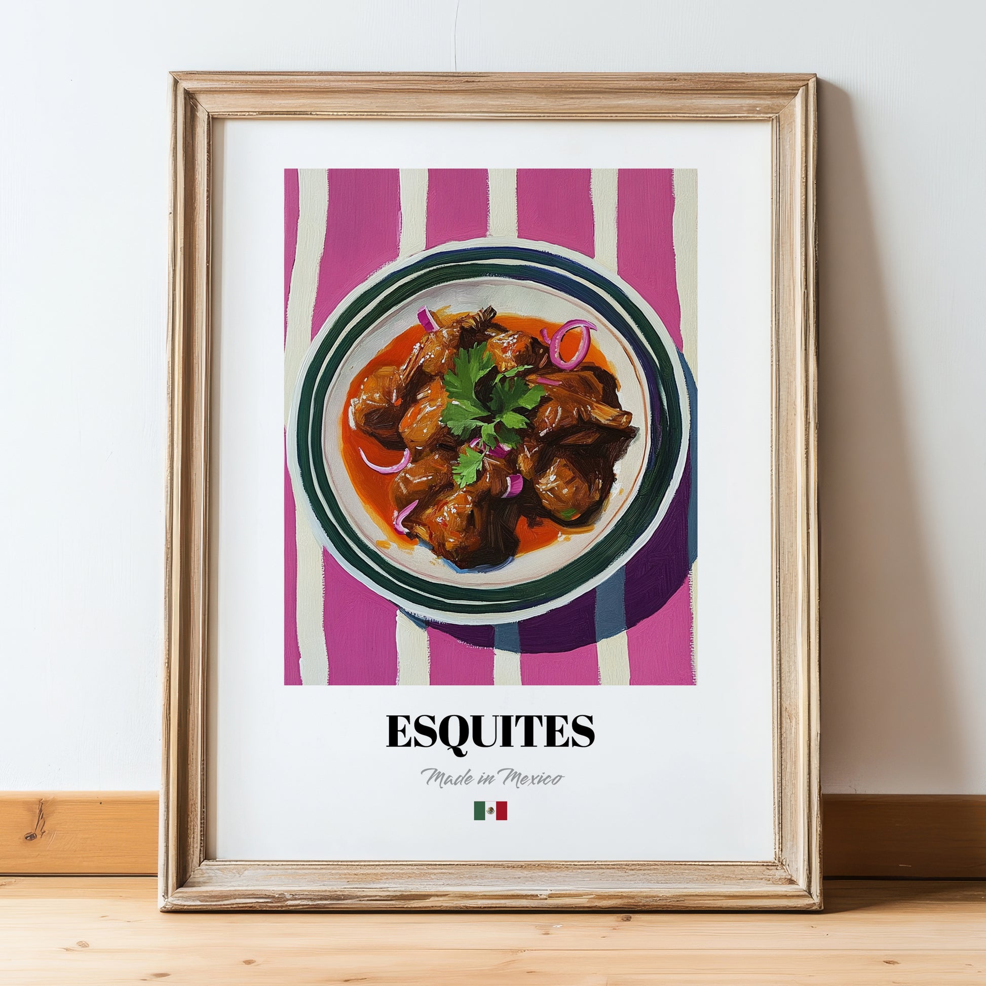 Esquites – on Striped Tablecloth, Mexican Food Print, in wooden frame leaning on the floor
