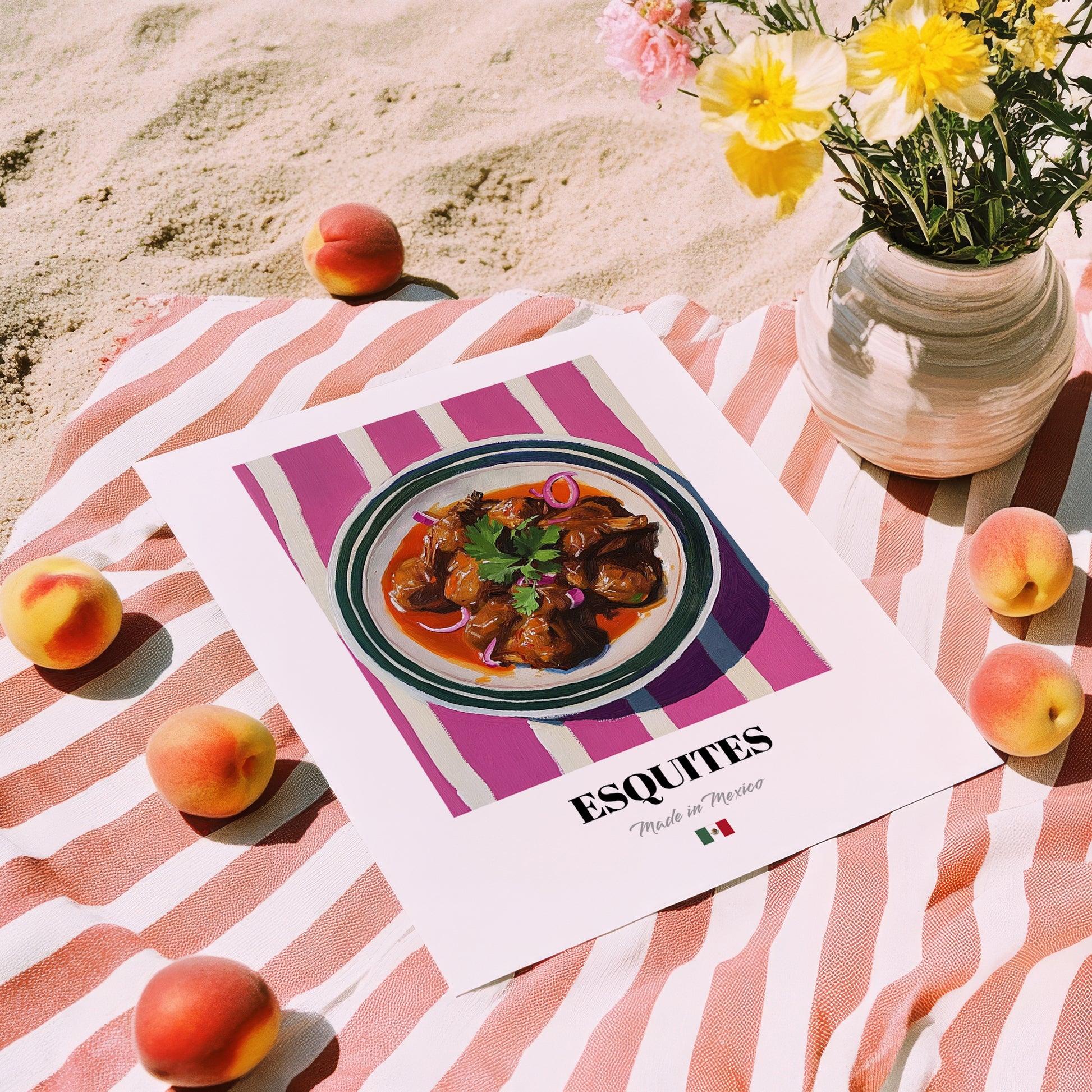 Esquites – on Striped Tablecloth, Mexican Food Print, unframed on coastal sand