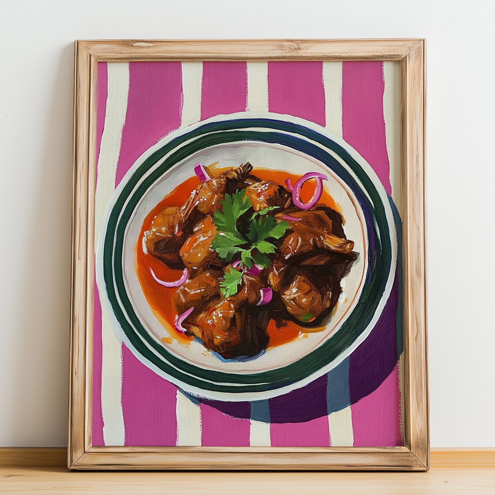 Esquites – on Striped Tablecloth, Mexican Food Print, no-text version framed in wood