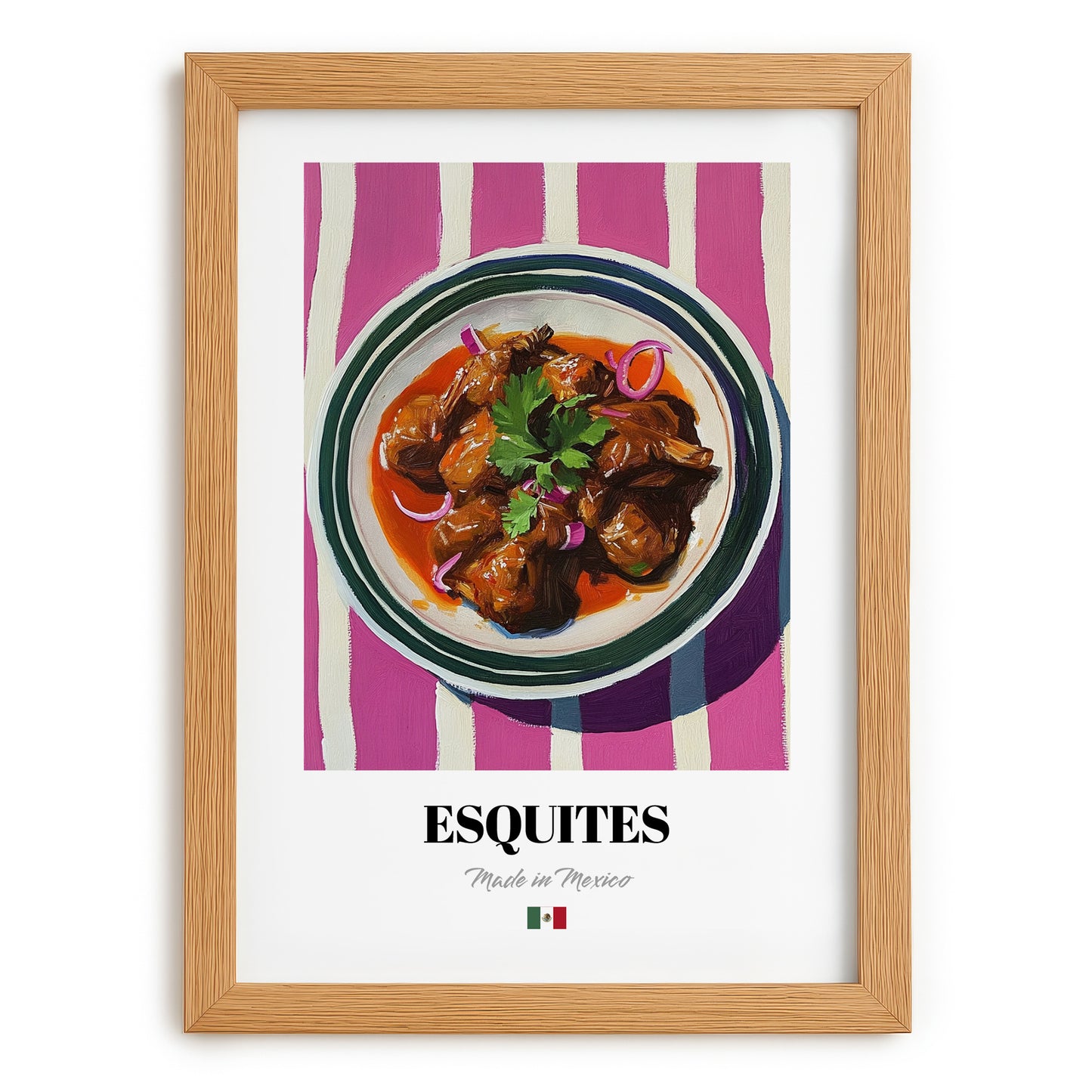 Esquites – on Striped Tablecloth, Mexican Food Print, set in oak frame