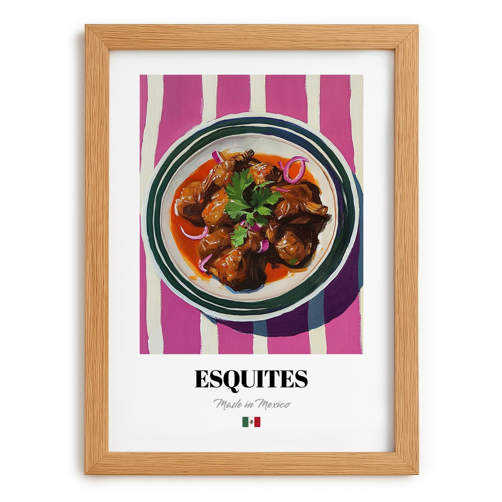 Esquites – on Striped Tablecloth, Mexican Food Print, set in oak frame