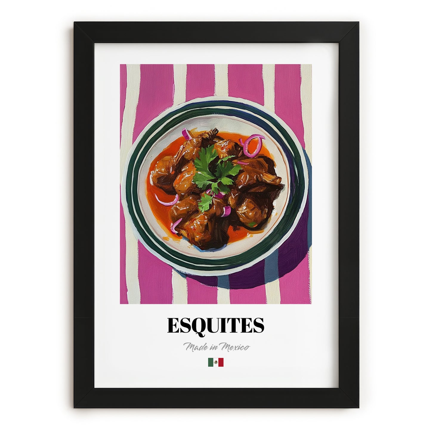 Esquites – on Striped Tablecloth, Mexican Food Print, in sleek black frame