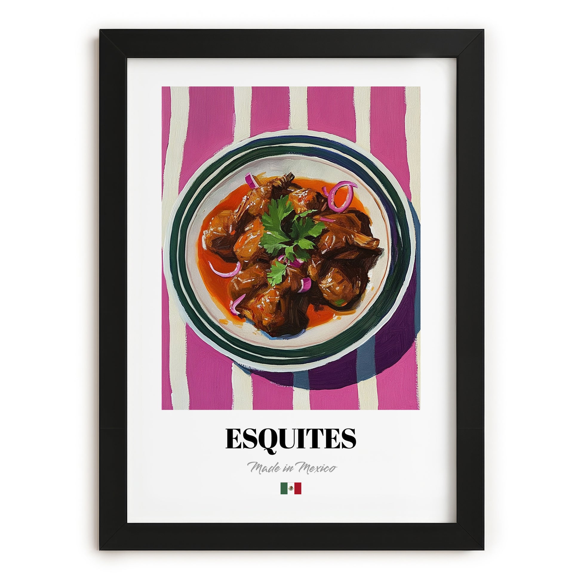 Esquites – on Striped Tablecloth, Mexican Food Print, in sleek black frame
