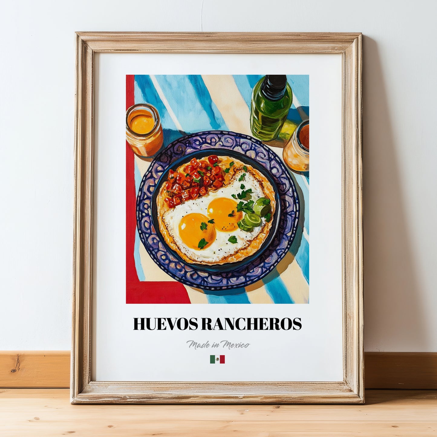 Huevos Rancheros – Art, Mexican Food Wall Painting, in wooden frame leaning on the floor