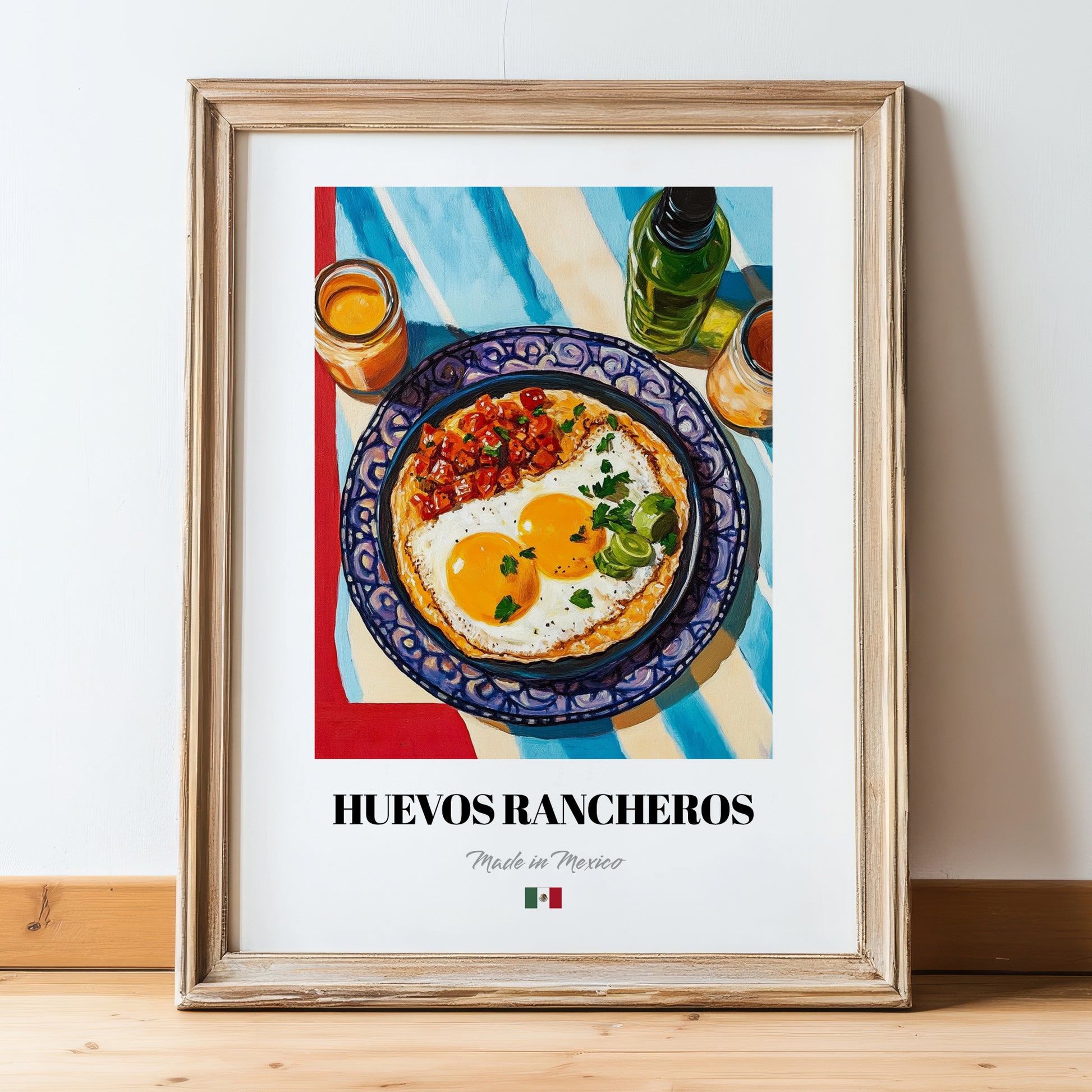 Huevos Rancheros – Art, Mexican Food Wall Painting, in wooden frame leaning on the floor