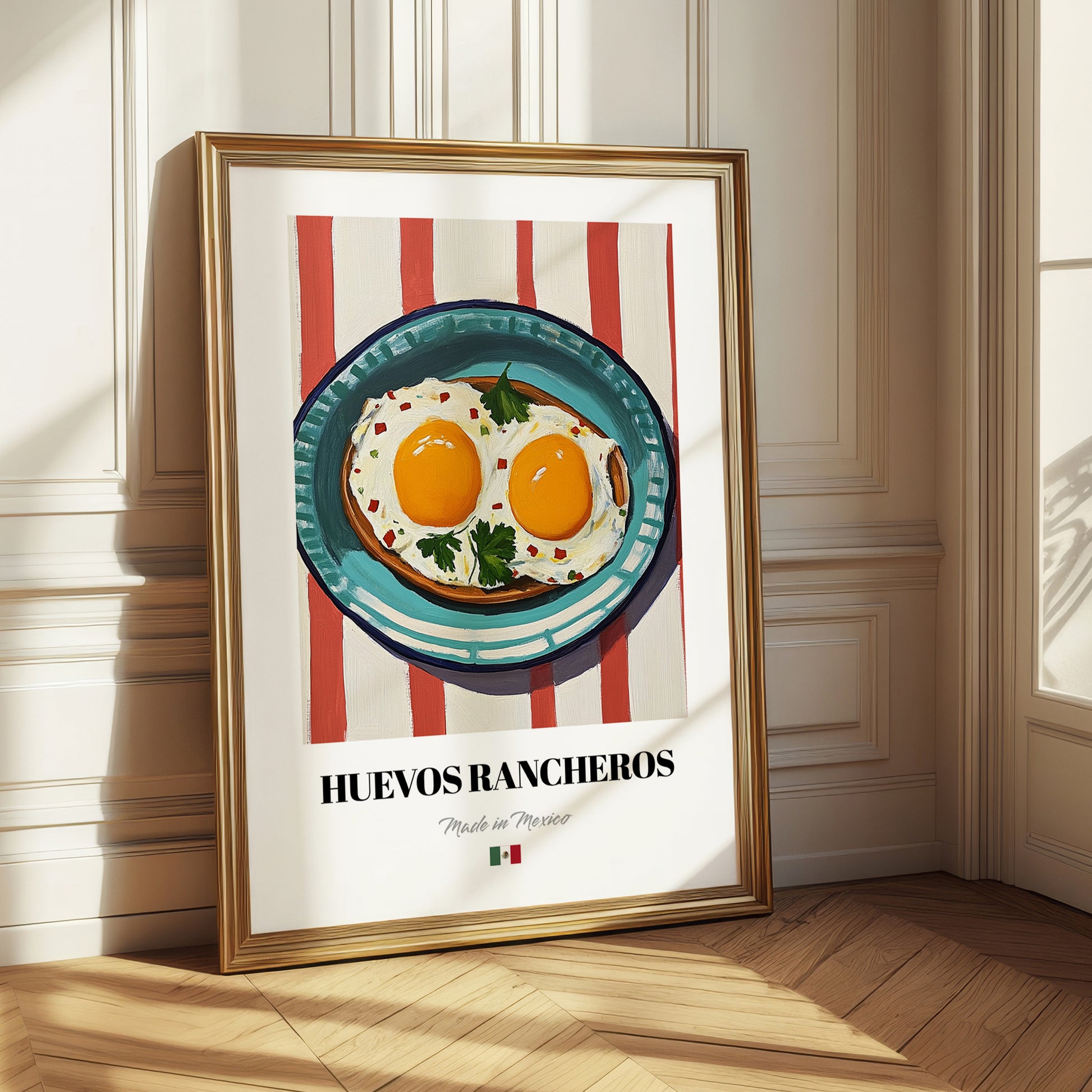 Huevos Rancheros – on Striped Tablecloth, Mexican Food Illustration