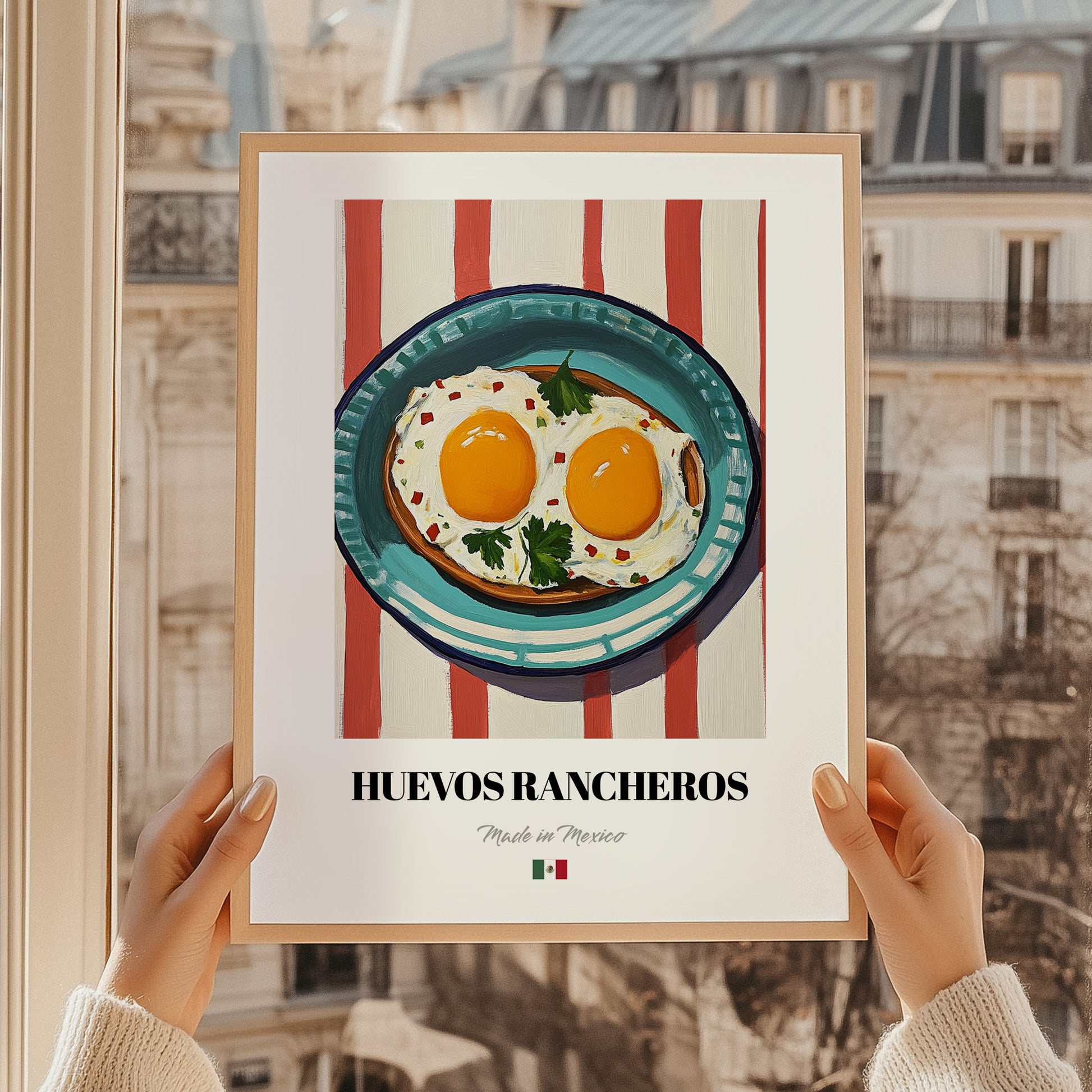 Huevos Rancheros – on Striped Tablecloth, Mexican Food Illustration, styled in a charming Paris street view