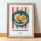 Huevos Rancheros – on Striped Tablecloth, Mexican Food Illustration, in wooden frame leaning on the floor