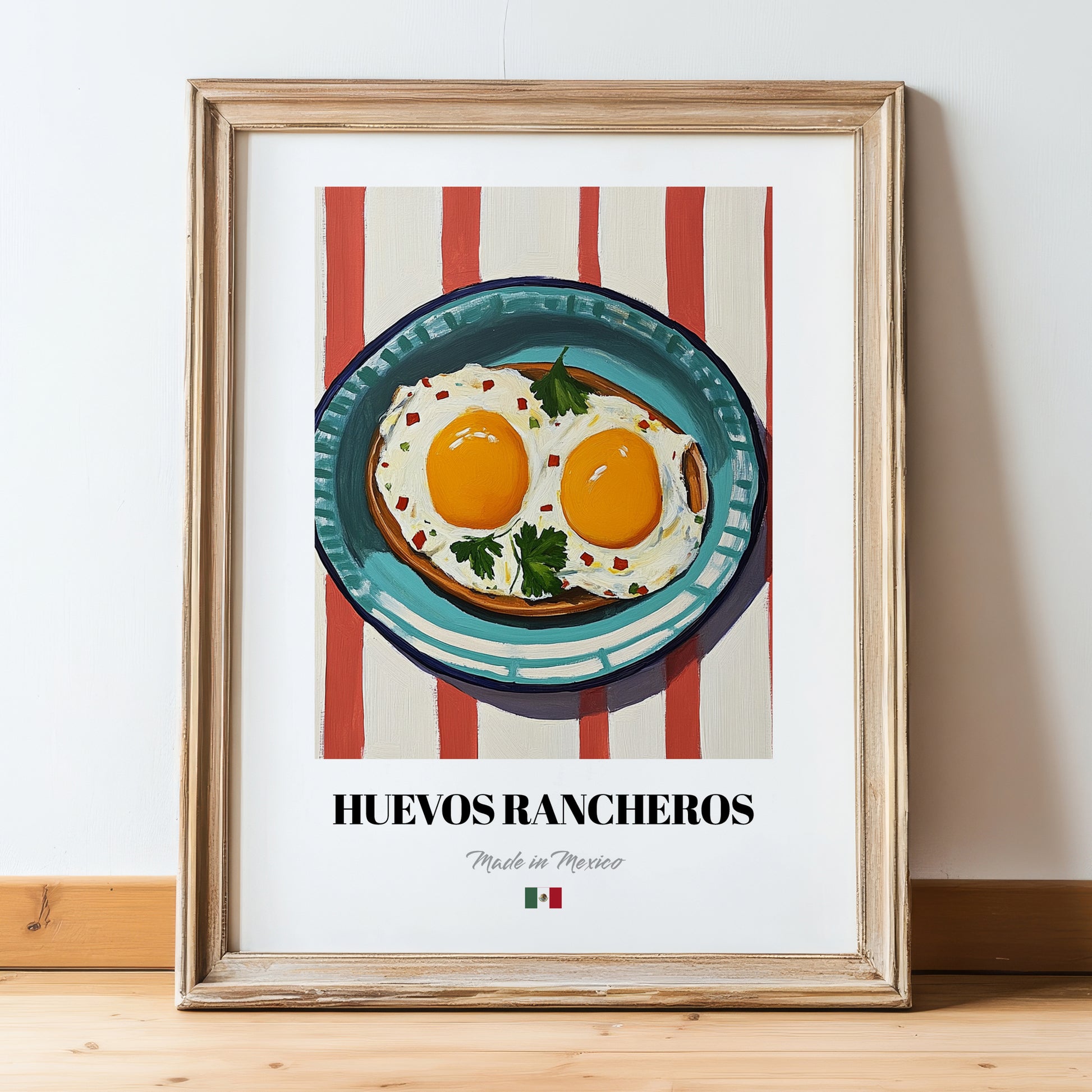 Huevos Rancheros – on Striped Tablecloth, Mexican Food Illustration, in wooden frame leaning on the floor