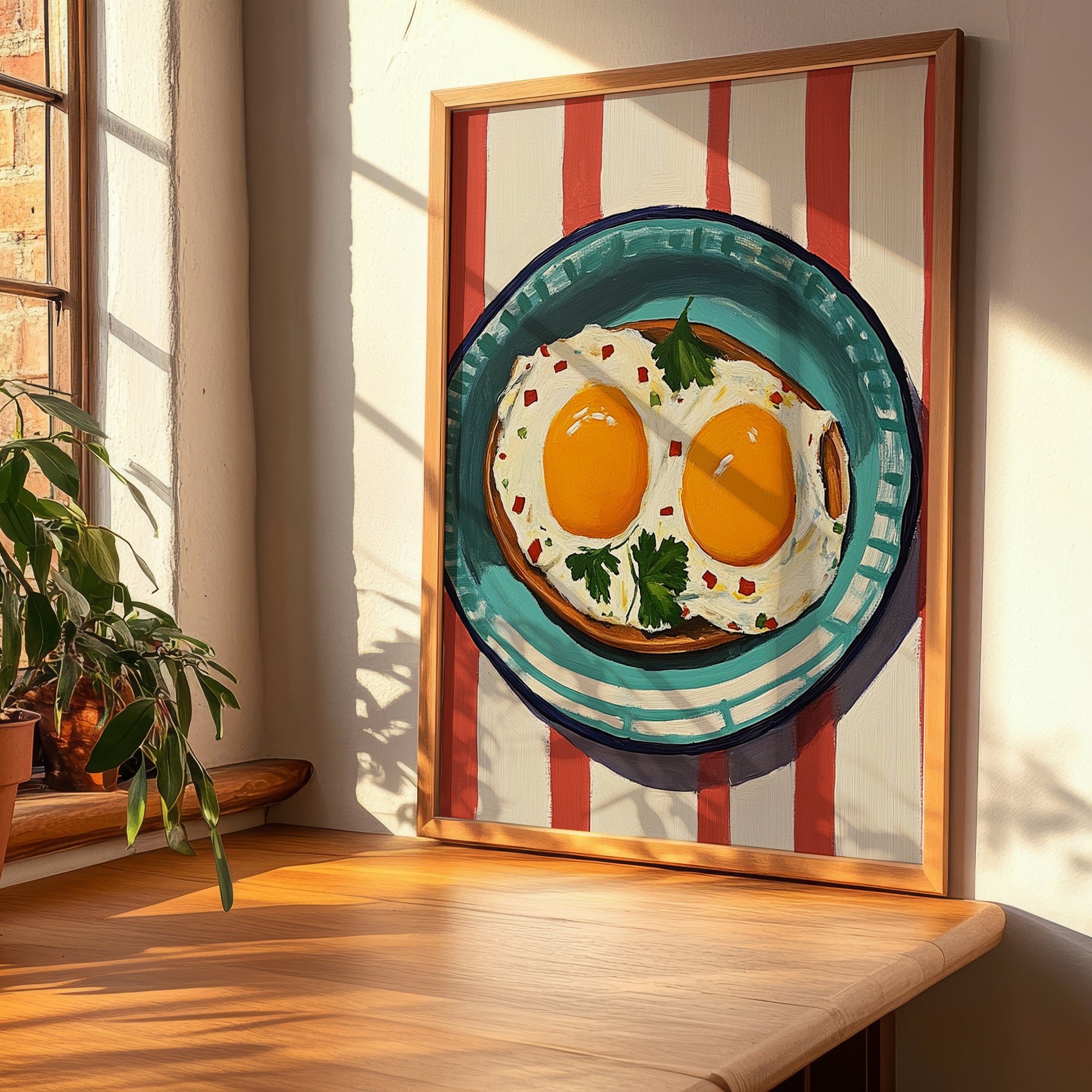 Huevos Rancheros – on Striped Tablecloth, Mexican Food Illustration, clean layout with no caption