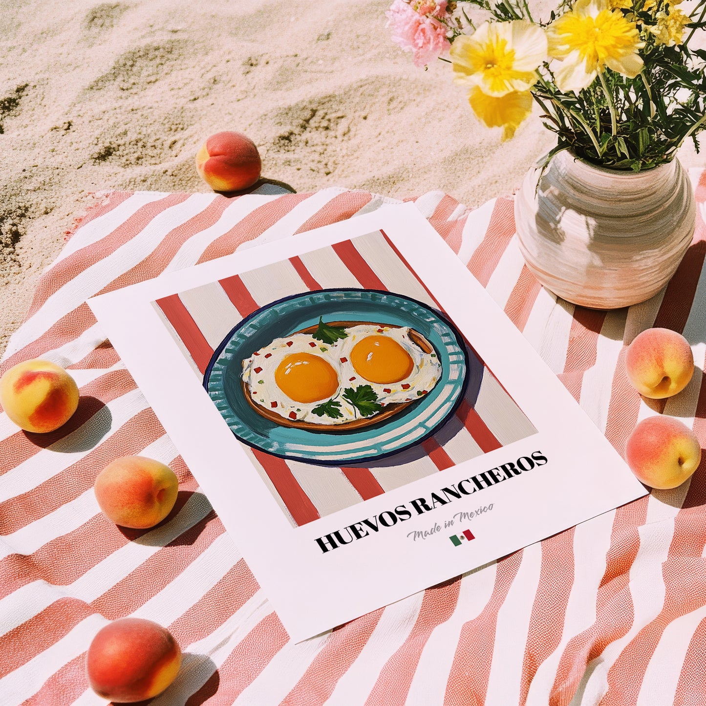 Huevos Rancheros – on Striped Tablecloth, Mexican Food Illustration, unframed on coastal sand