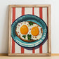 Huevos Rancheros – on Striped Tablecloth, Mexican Food Illustration, no-text version framed in wood