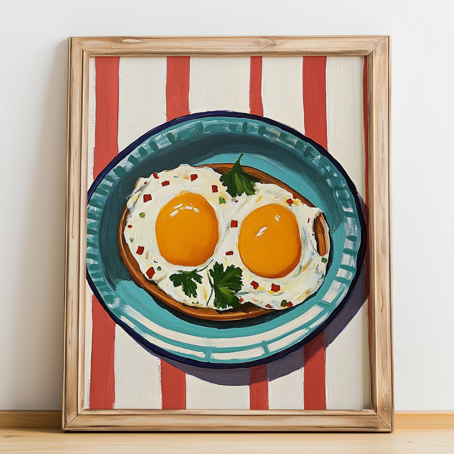 Huevos Rancheros – on Striped Tablecloth, Mexican Food Illustration, no-text version framed in wood