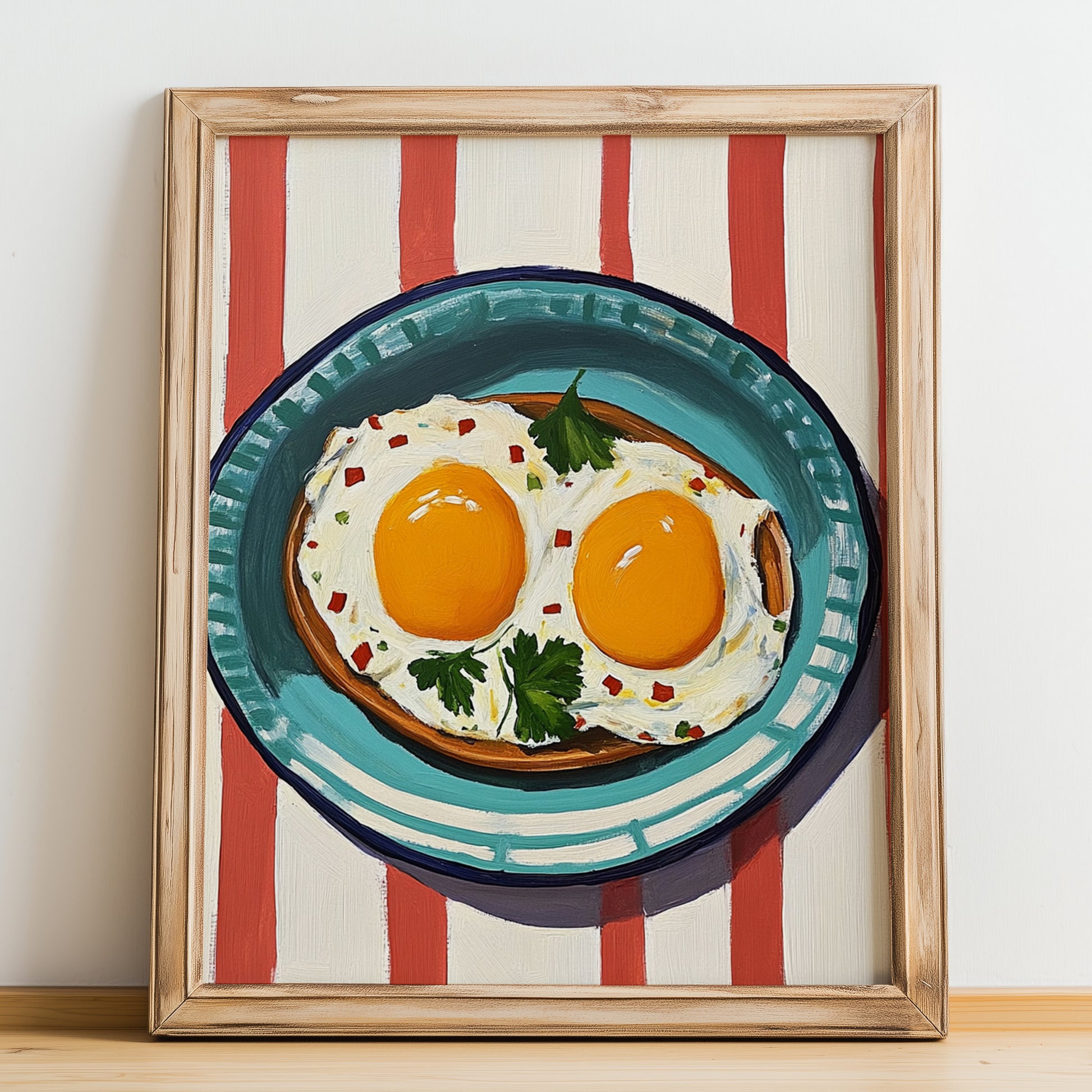 Huevos Rancheros – on Striped Tablecloth, Mexican Food Illustration, no-text version framed in wood