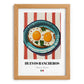 Huevos Rancheros – on Striped Tablecloth, Mexican Food Illustration, set in oak frame