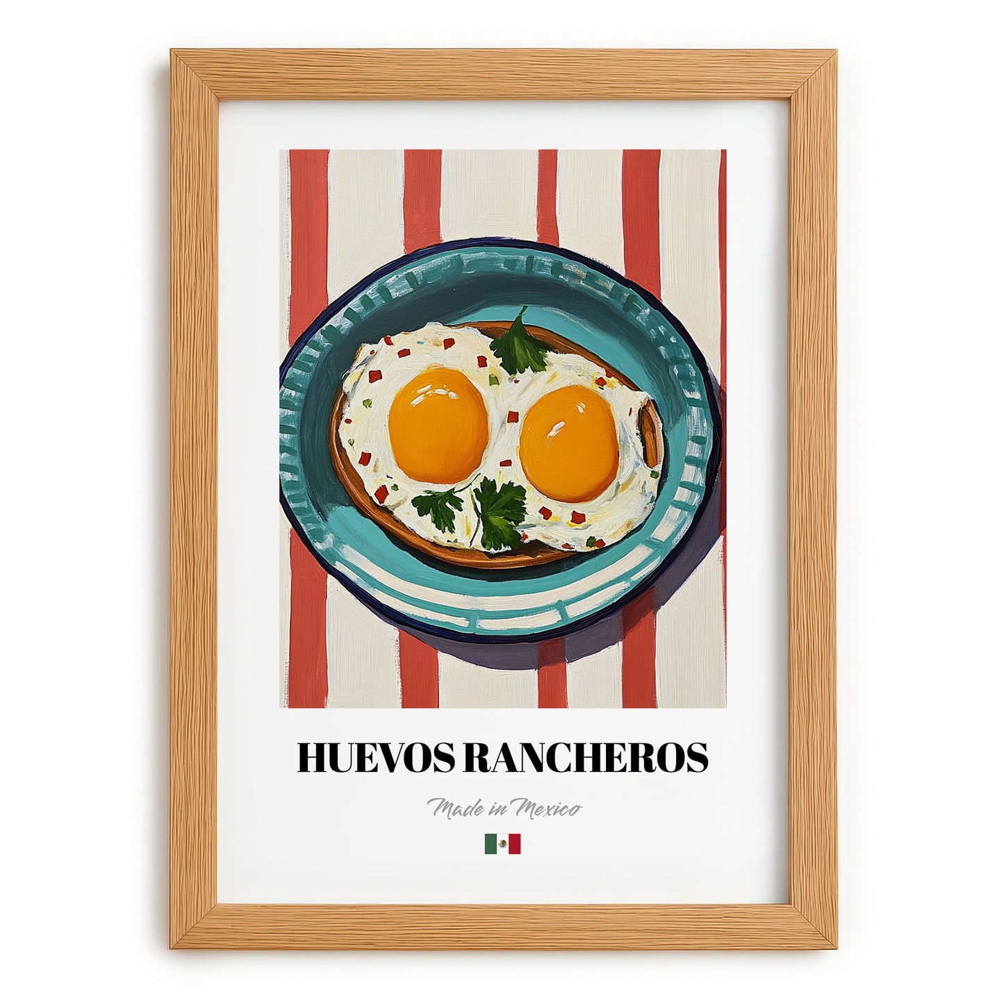 Huevos Rancheros – on Striped Tablecloth, Mexican Food Illustration, set in oak frame
