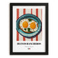 Huevos Rancheros – on Striped Tablecloth, Mexican Food Illustration, in sleek black frame