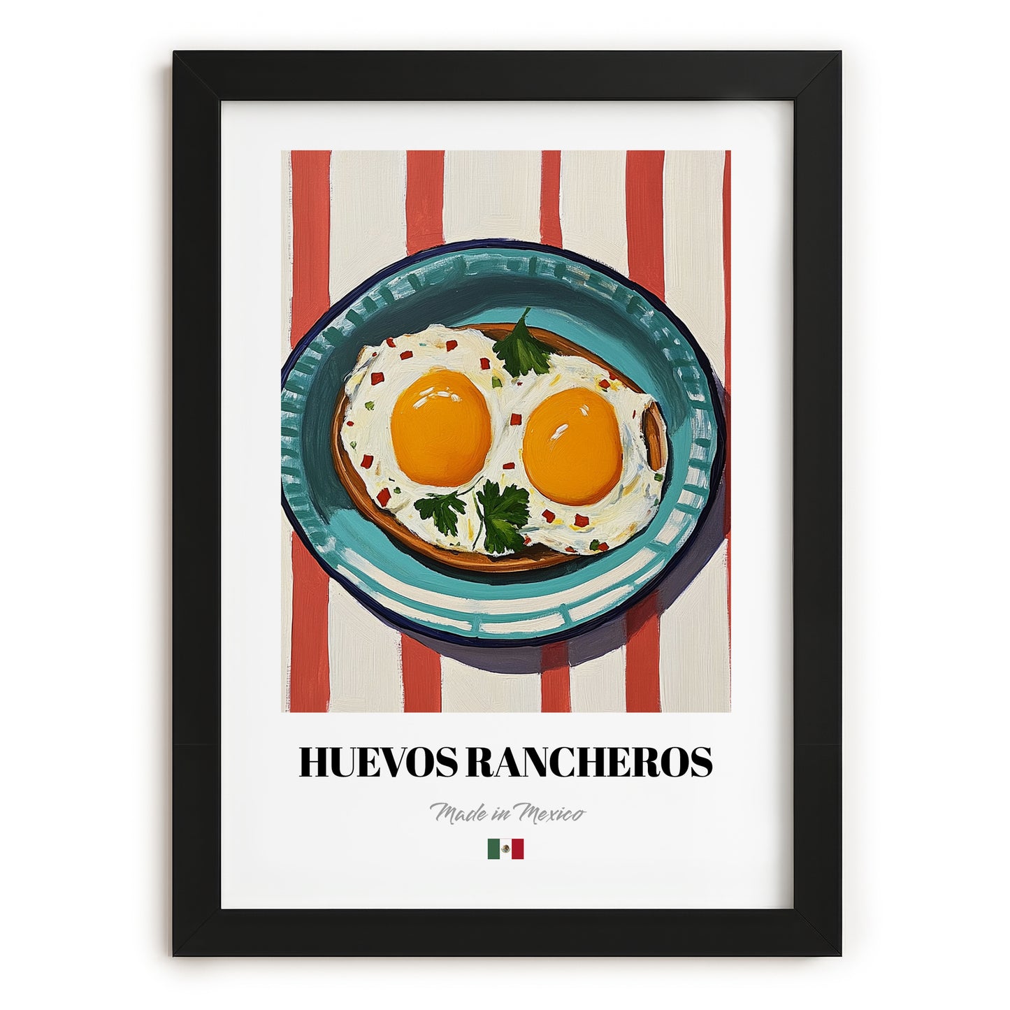Huevos Rancheros – on Striped Tablecloth, Mexican Food Illustration, in sleek black frame