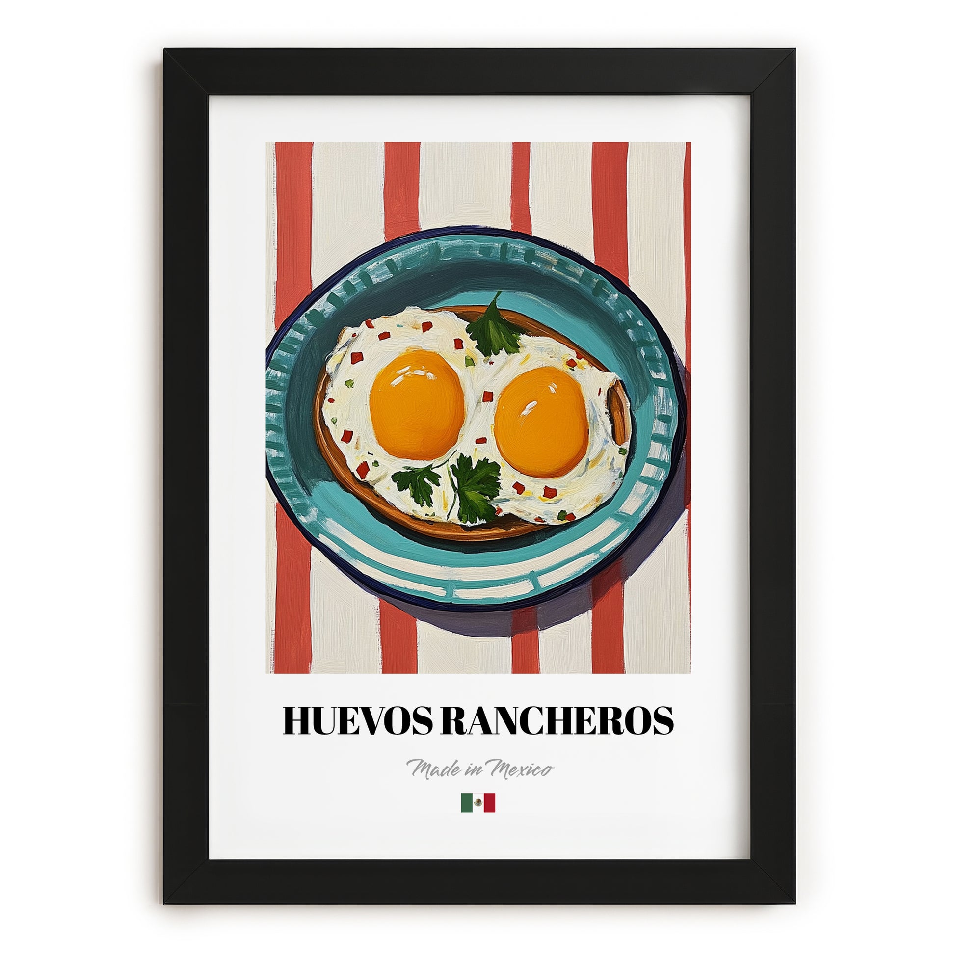 Huevos Rancheros – on Striped Tablecloth, Mexican Food Illustration, in sleek black frame