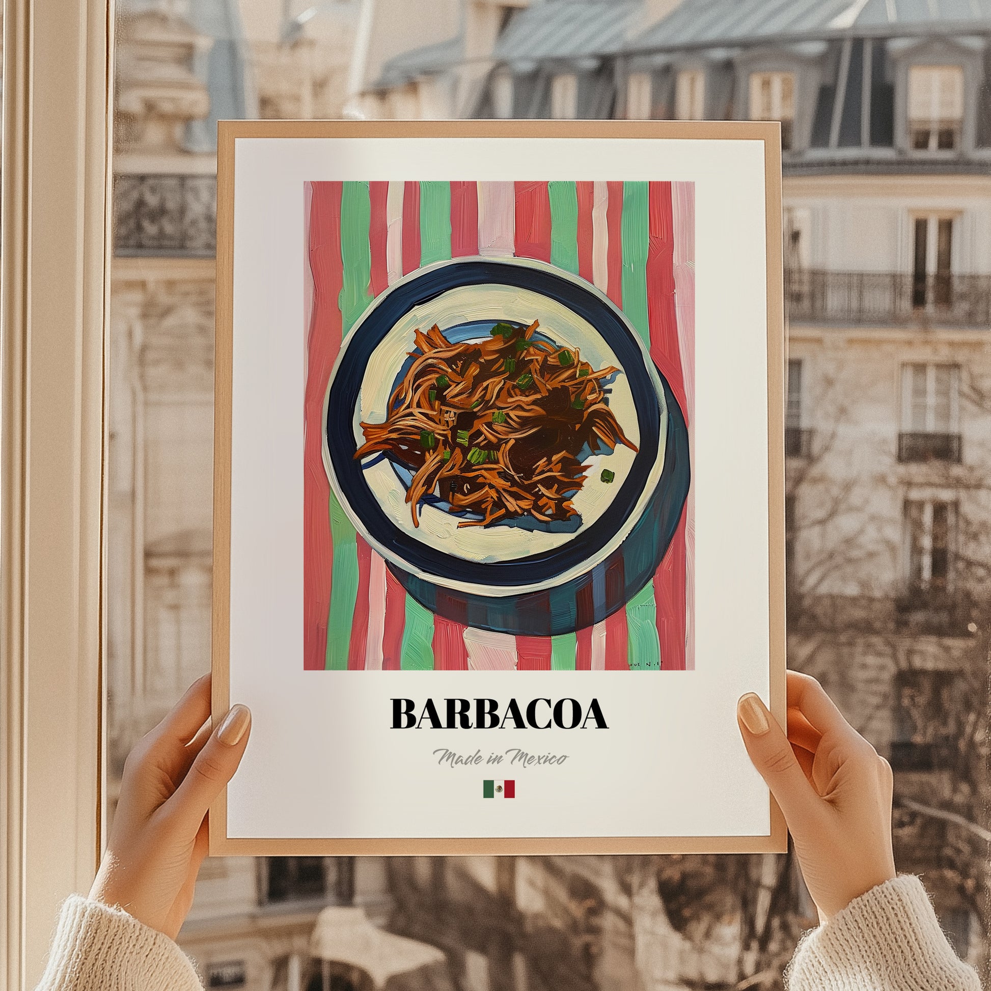 Barbacoa – on Striped Tablecloth, Mexican Bbq Poster, styled in a charming Paris street view