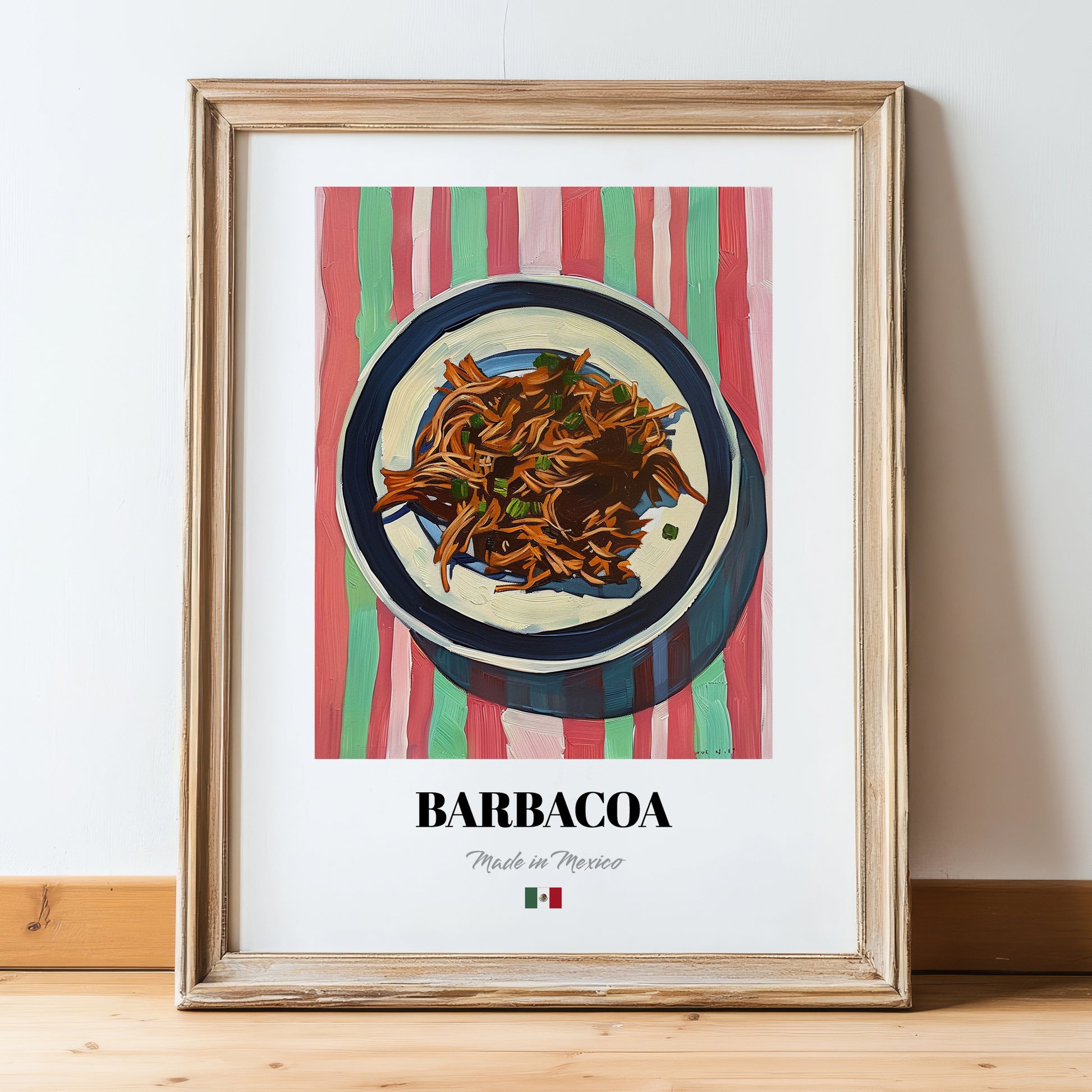 Barbacoa – on Striped Tablecloth, Mexican Bbq Poster, in wooden frame leaning on the floor
