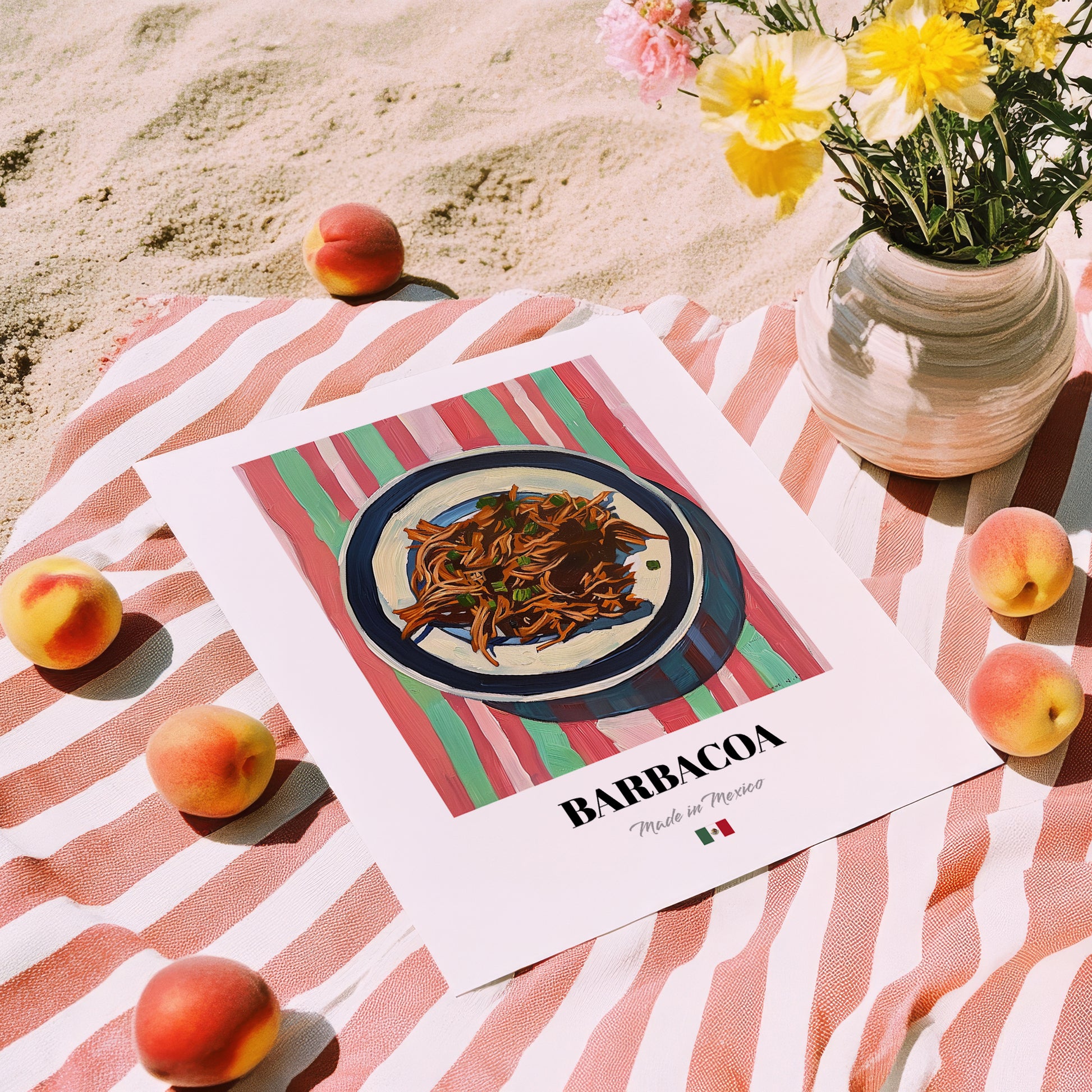 Barbacoa – on Striped Tablecloth, Mexican Bbq Poster, unframed on coastal sand