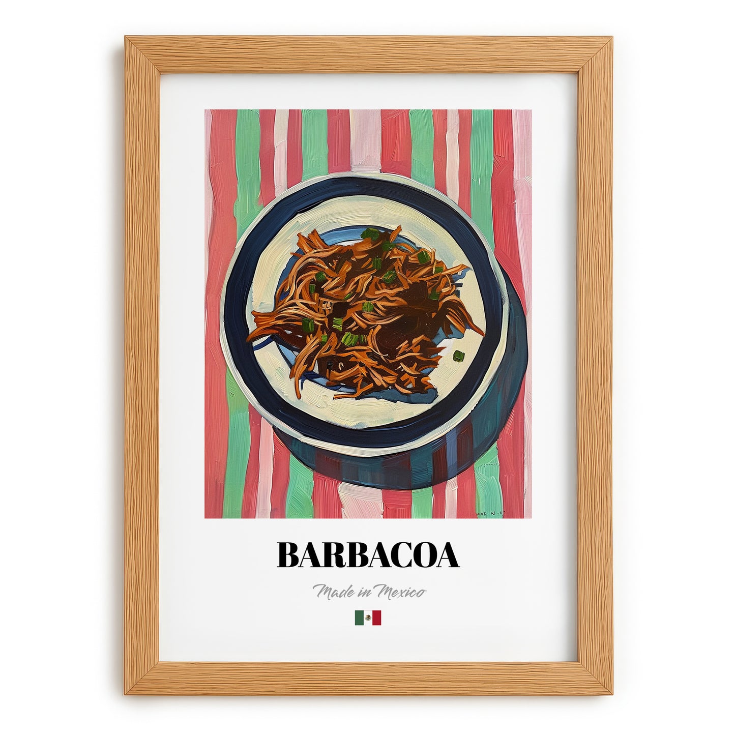 Barbacoa – on Striped Tablecloth, Mexican Bbq Poster, set in oak frame