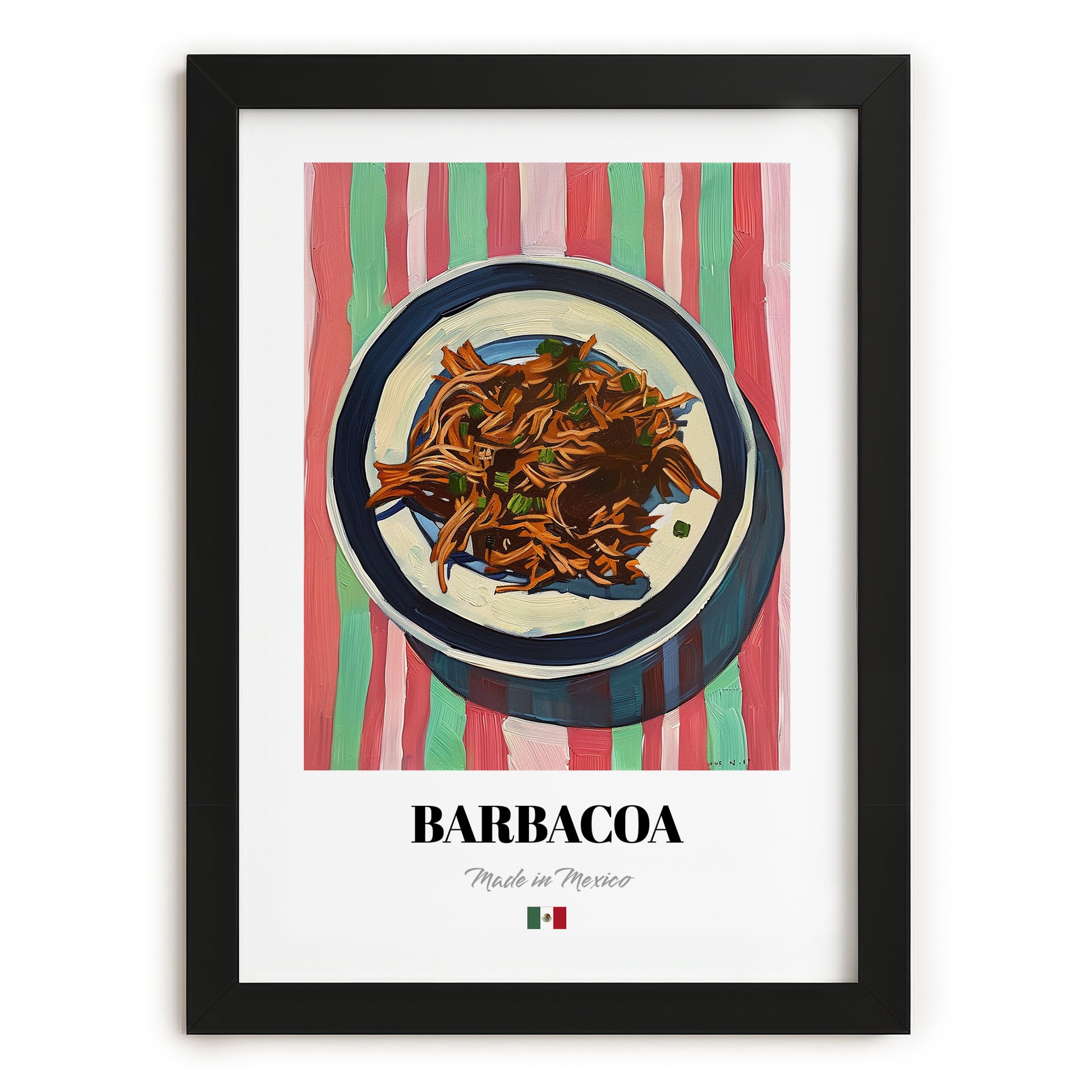 Barbacoa – on Striped Tablecloth, Mexican Bbq Poster, in sleek black frame