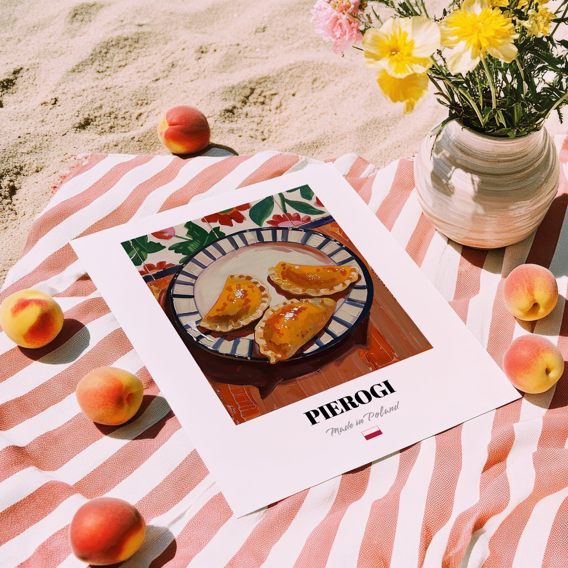 Pierogi – Art, Polish Pastry Poster, unframed on coastal sand