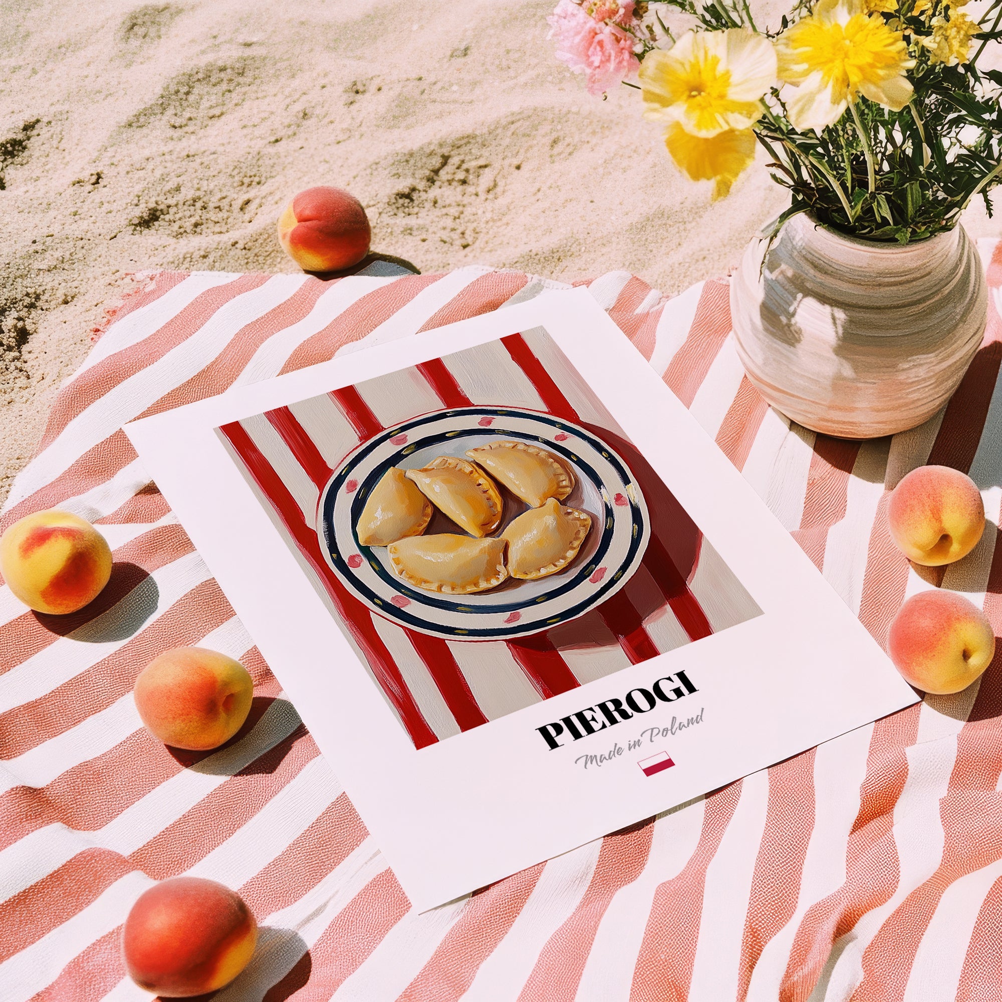 Pierogi – on Striped Tablecloth, Polish Pastry Painting, unframed on coastal sand