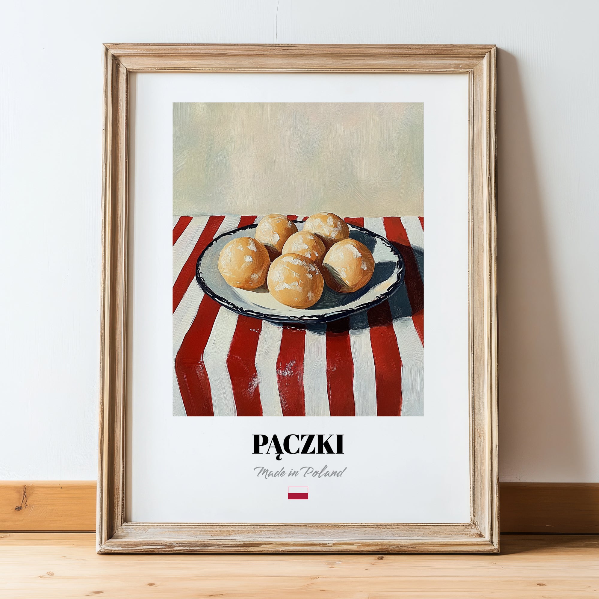 Pączki – on Striped Tablecloth, Polish Pastry Wall Decor, in wooden frame leaning on the floor
