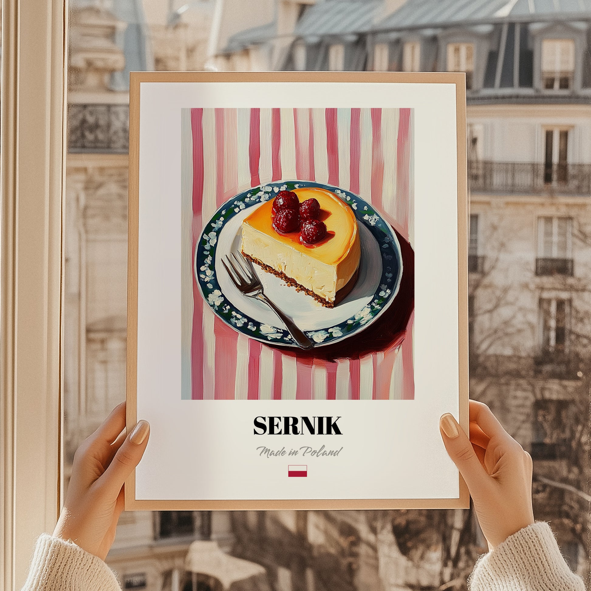 Sernik – on Striped Tablecloth, Polish Dessert Art, styled in a charming Paris street view