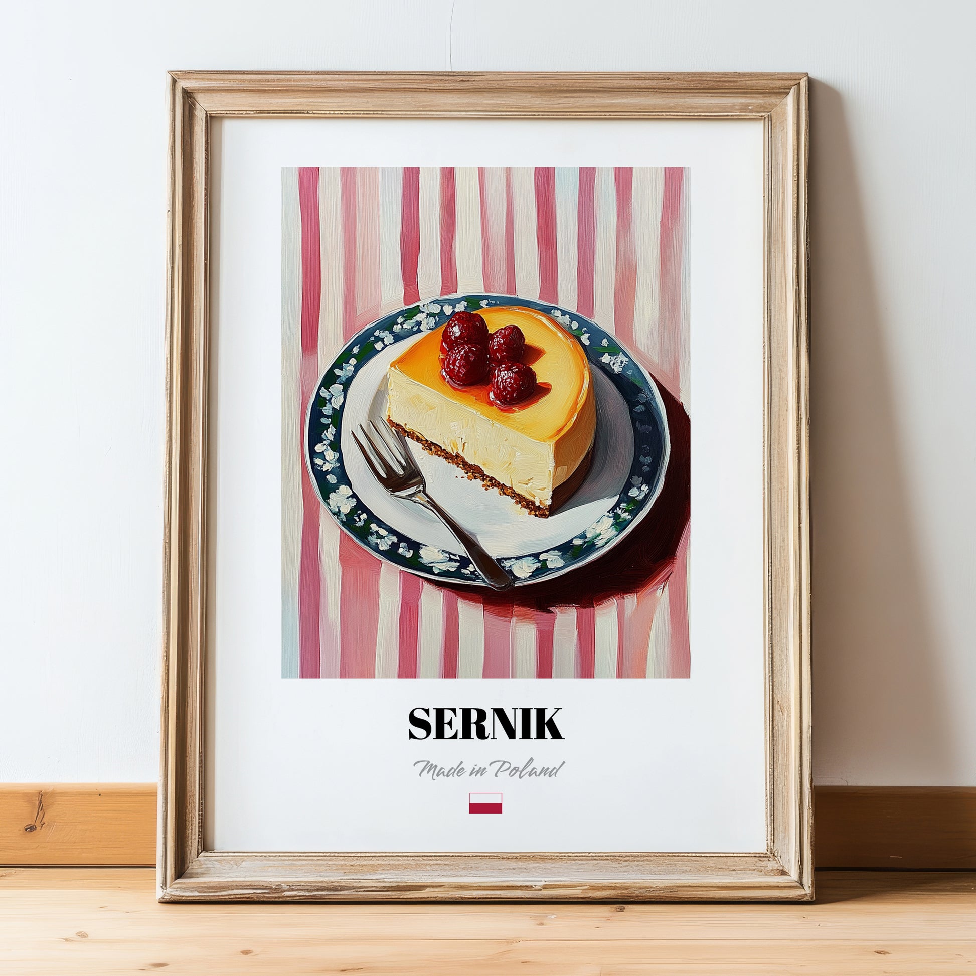 Sernik – on Striped Tablecloth, Polish Dessert Art, in wooden frame leaning on the floor