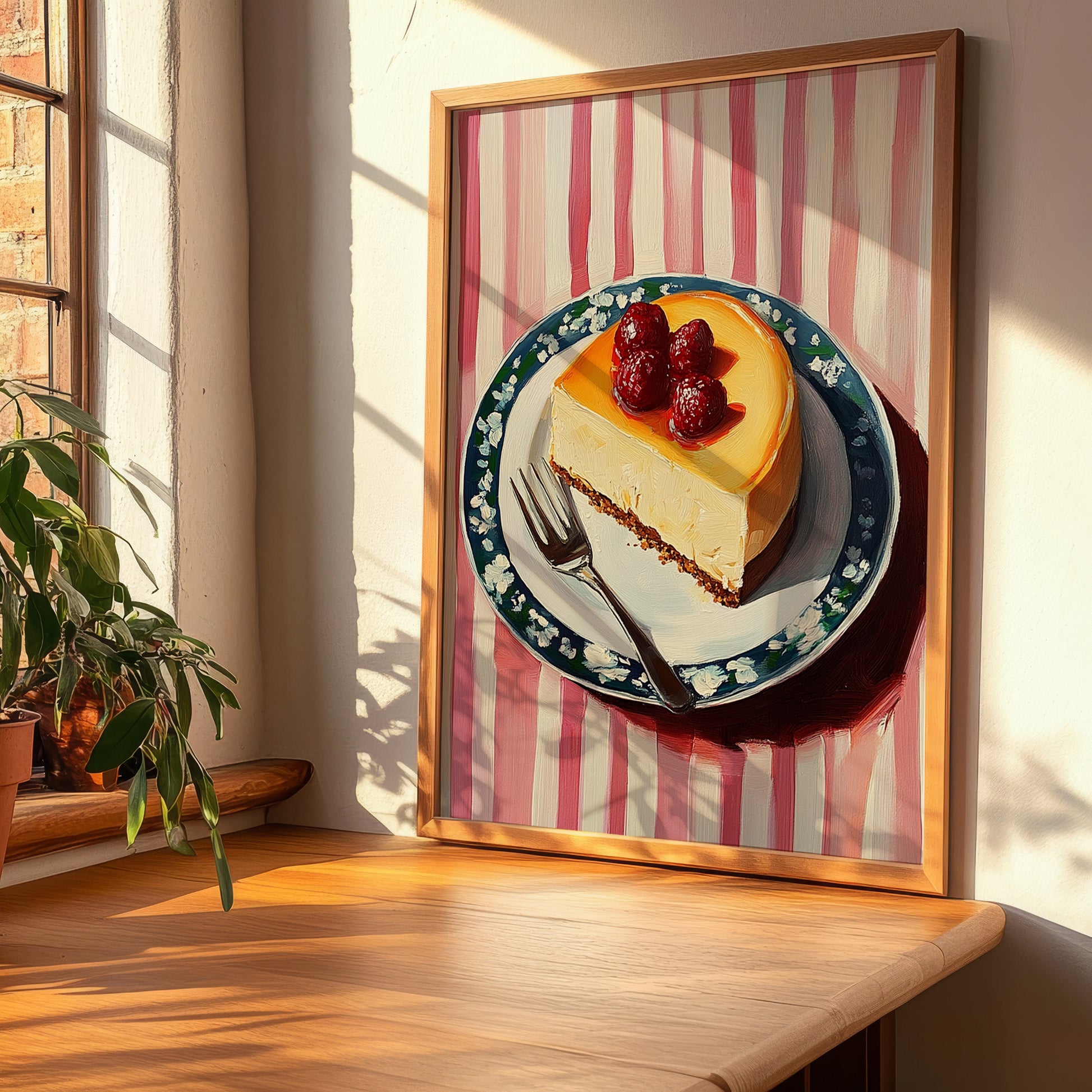 Sernik – on Striped Tablecloth, Polish Dessert Art, clean layout with no caption
