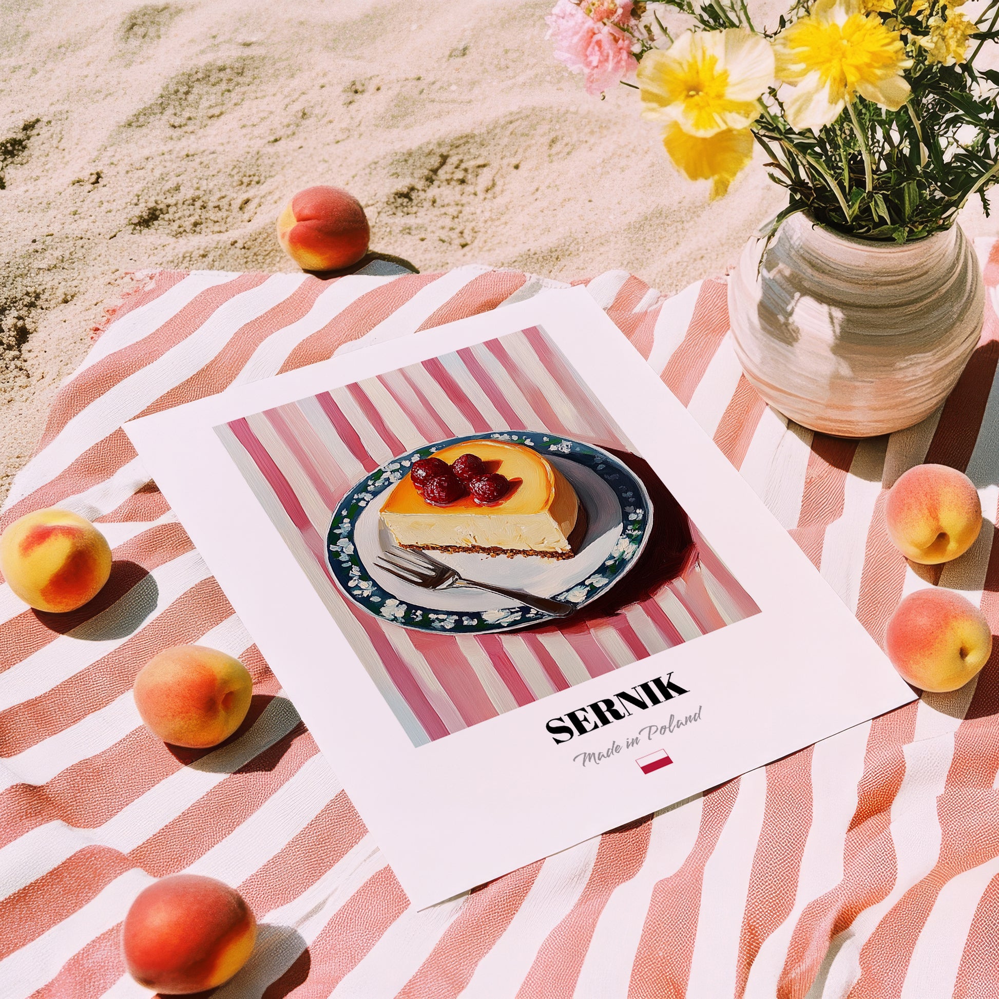 Sernik – on Striped Tablecloth, Polish Dessert Art, unframed on coastal sand
