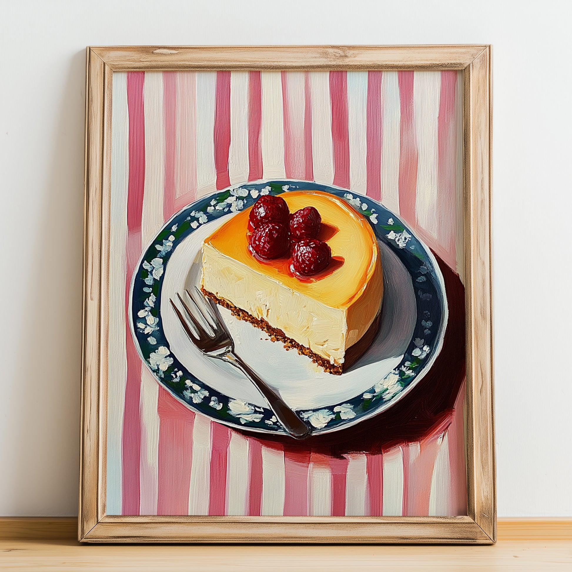 Sernik – on Striped Tablecloth, Polish Dessert Art, no-text version framed in wood