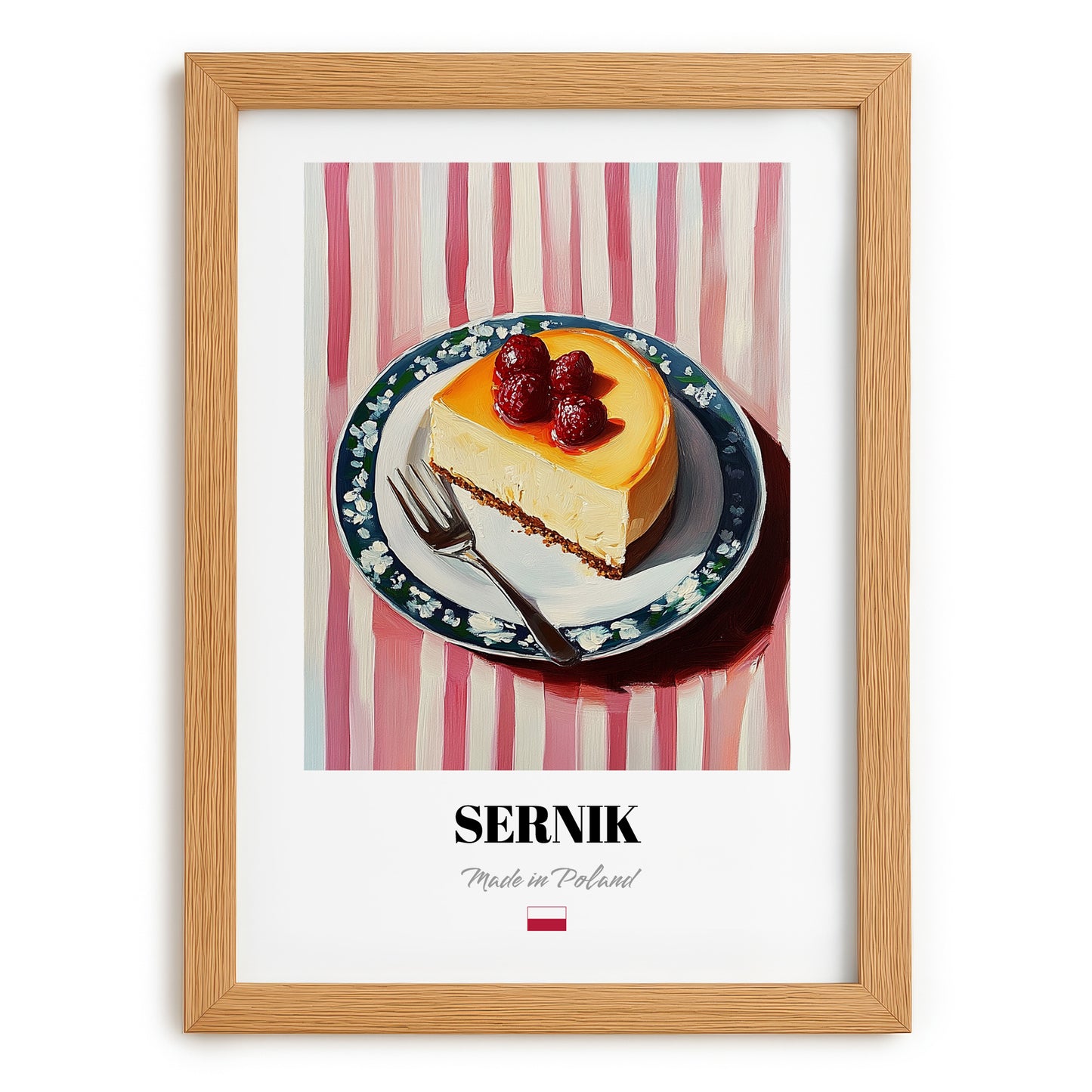 Sernik – on Striped Tablecloth, Polish Dessert Art, set in oak frame