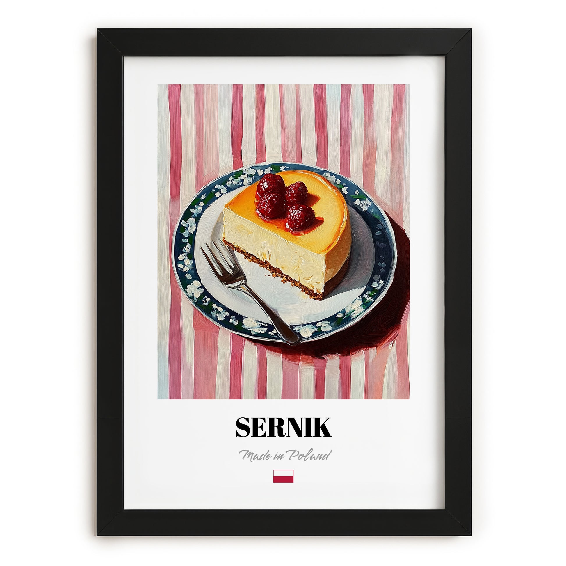 Sernik – on Striped Tablecloth, Polish Dessert Art, in sleek black frame