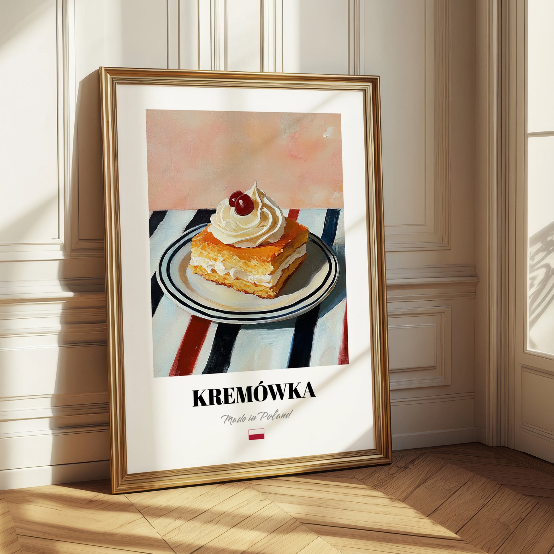 Kremówka (Napoleonka) – on Striped Tablecloth, Polish Dessert Painting 