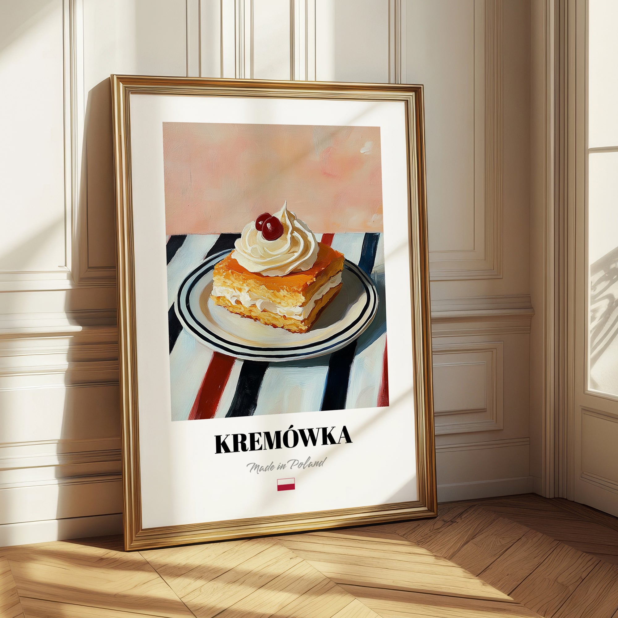 Kremówka (Napoleonka) – on Striped Tablecloth, Polish Dessert Painting 