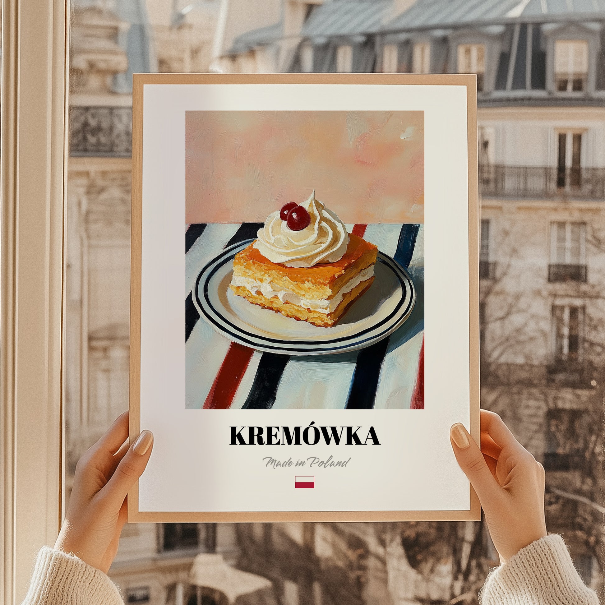Kremówka (Napoleonka) – on Striped Tablecloth, Polish Dessert Painting, styled in a charming Paris street view